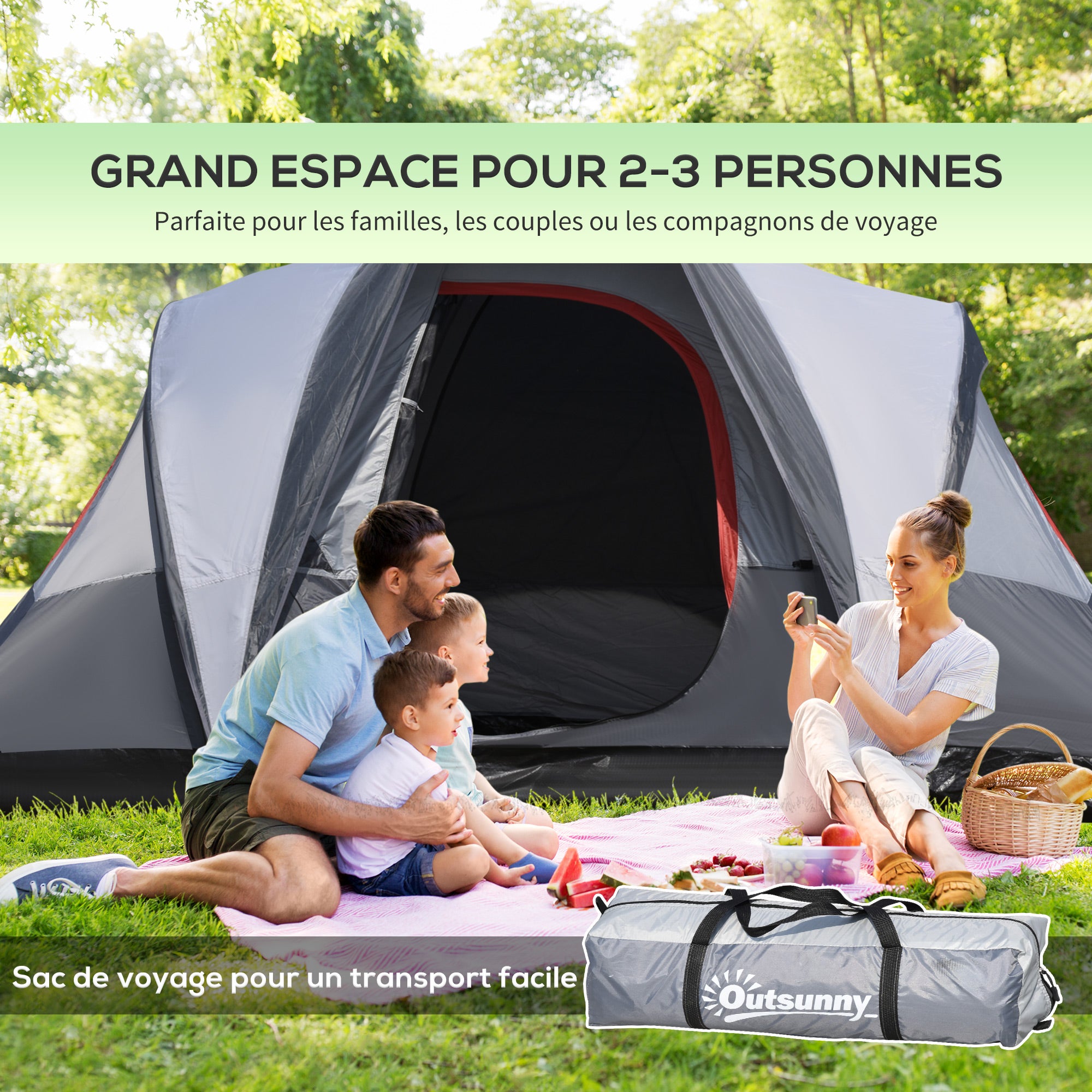 Camping Tent for 2-3 Persons, 3 to 4 Seasons Waterproof, Double-Layer Mesh Windows, Portable with Carrying Bag, 355 x 190 x 170 cm Gray