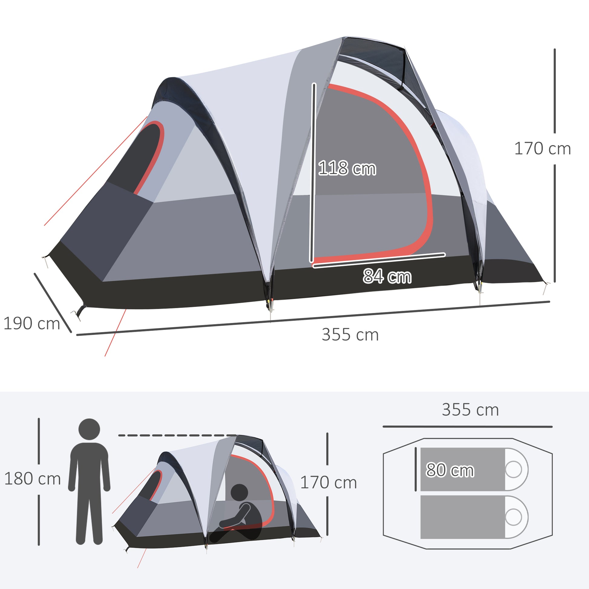 Camping Tent for 2-3 Persons, 3 to 4 Seasons Waterproof, Double-Layer Mesh Windows, Portable with Carrying Bag, 355 x 190 x 170 cm Gray