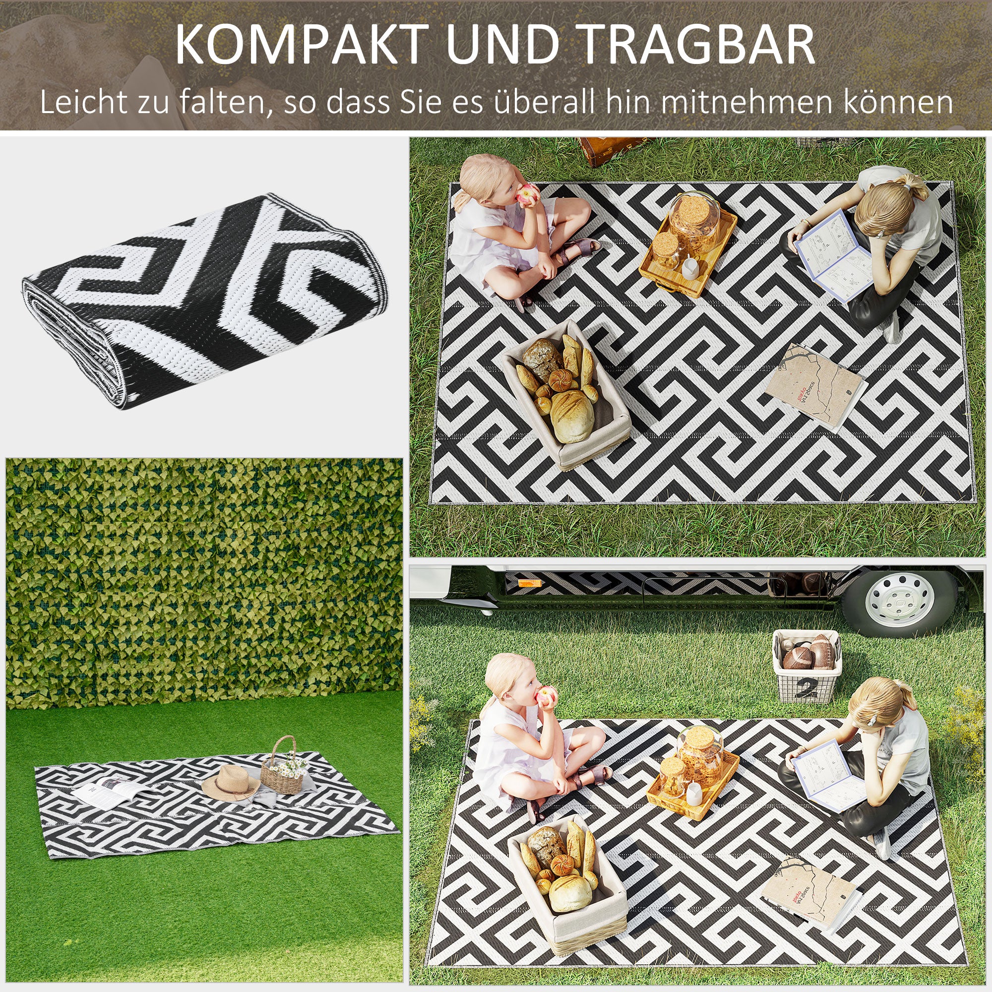 Outdoor Mat, Plastic Rug with Double-Sided Design, Water-Resistant Balcony Rug, for Patio, Camping, Black+White, 121 x 182 cm