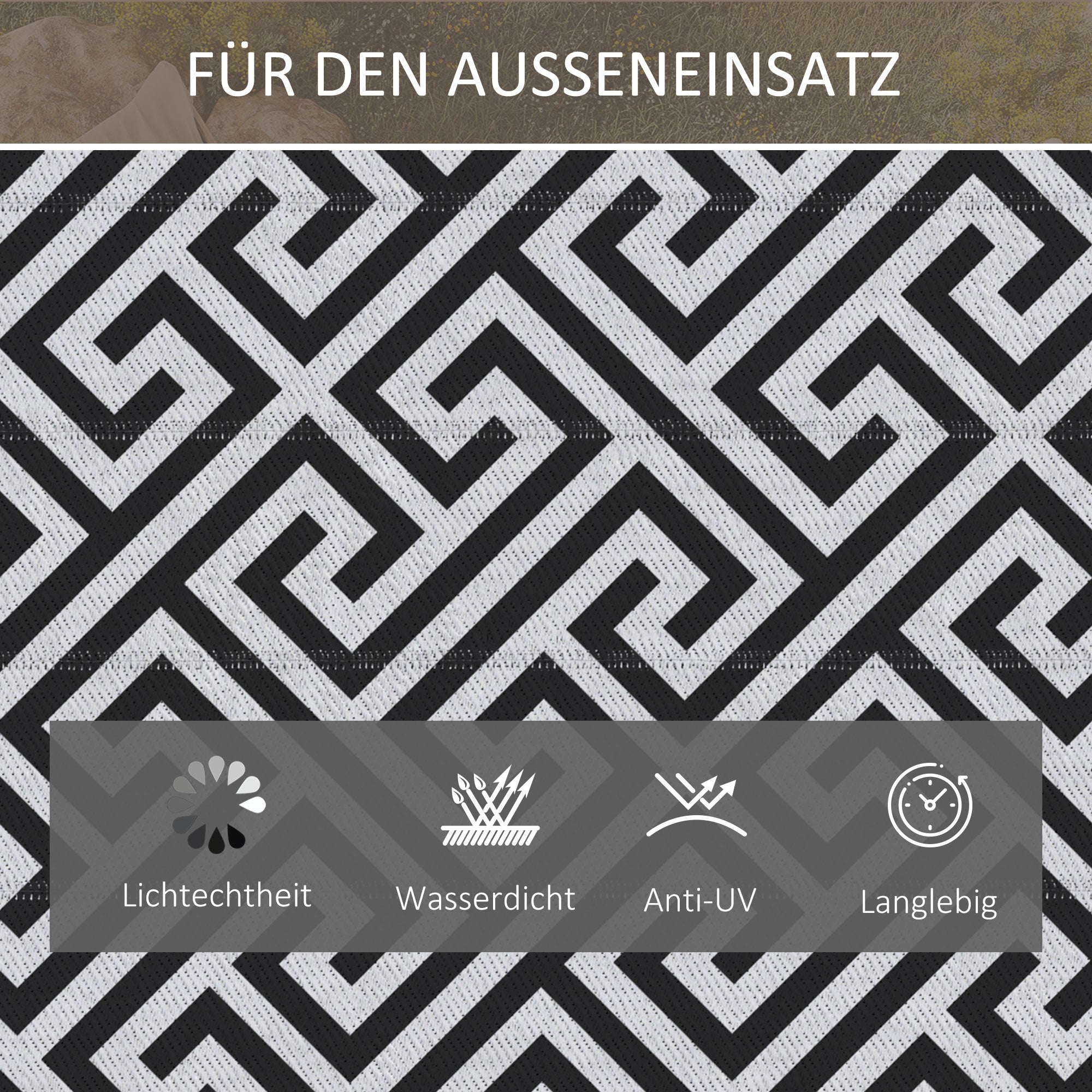 Outdoor Mat, Plastic Rug with Double-Sided Design, Water-Resistant Balcony Rug, for Patio, Camping, Black+White, 121 x 182 cm