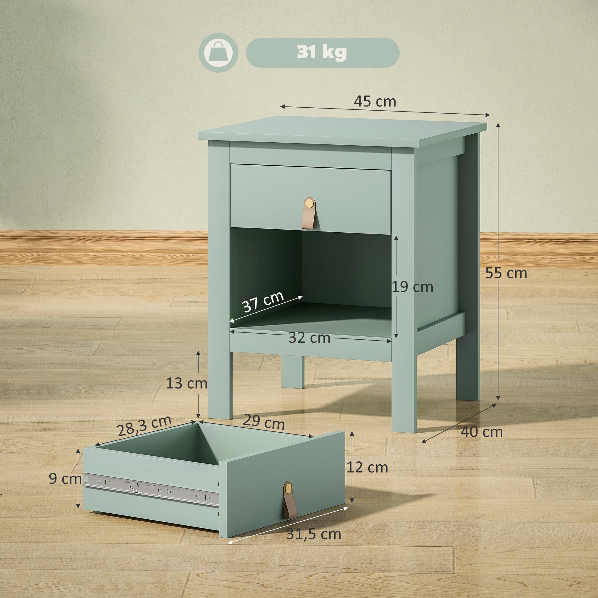 Set of 2 Bedside Tables Nightstand with Drawer and Open Compartment, Modern Style for Bedroom, Living Room, 45 x 40 x 55 cm, Green