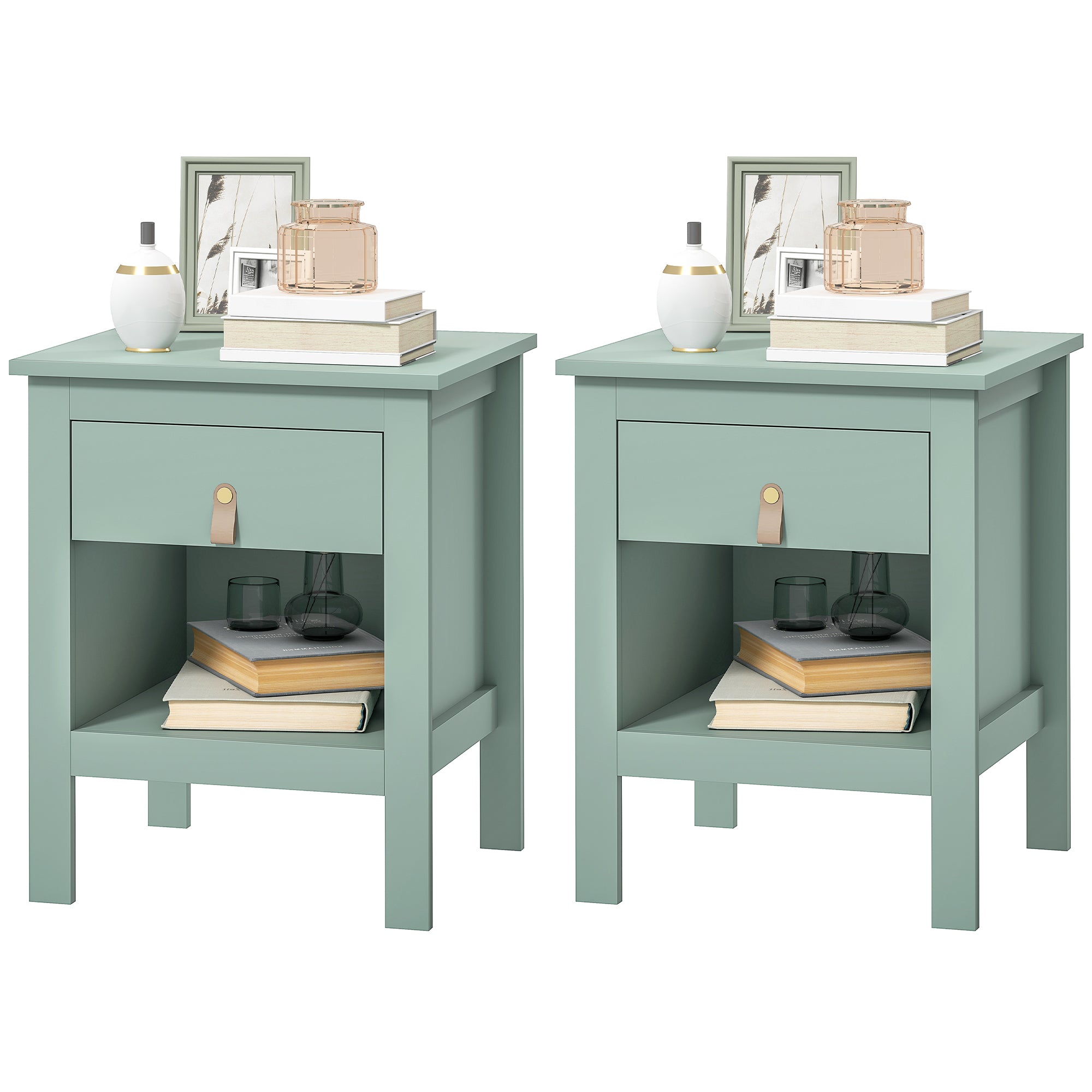 Set of 2 Bedside Tables Nightstand with Drawer and Open Compartment, Modern Style for Bedroom, Living Room, 45 x 40 x 55 cm, Green