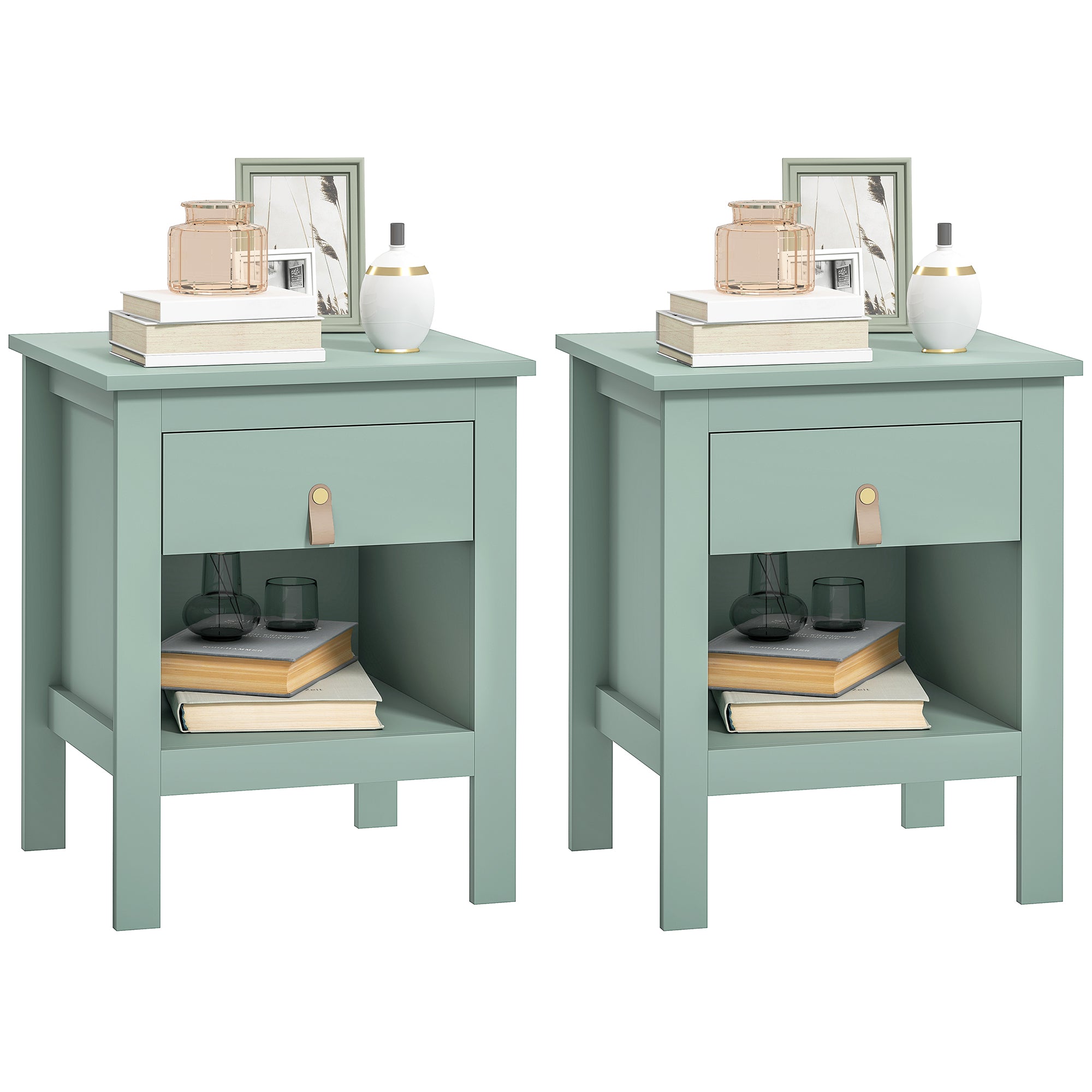 Set of 2 Bedside Tables Nightstand with Drawer and Open Compartment, Modern Style for Bedroom, Living Room, 45 x 40 x 55 cm, Green