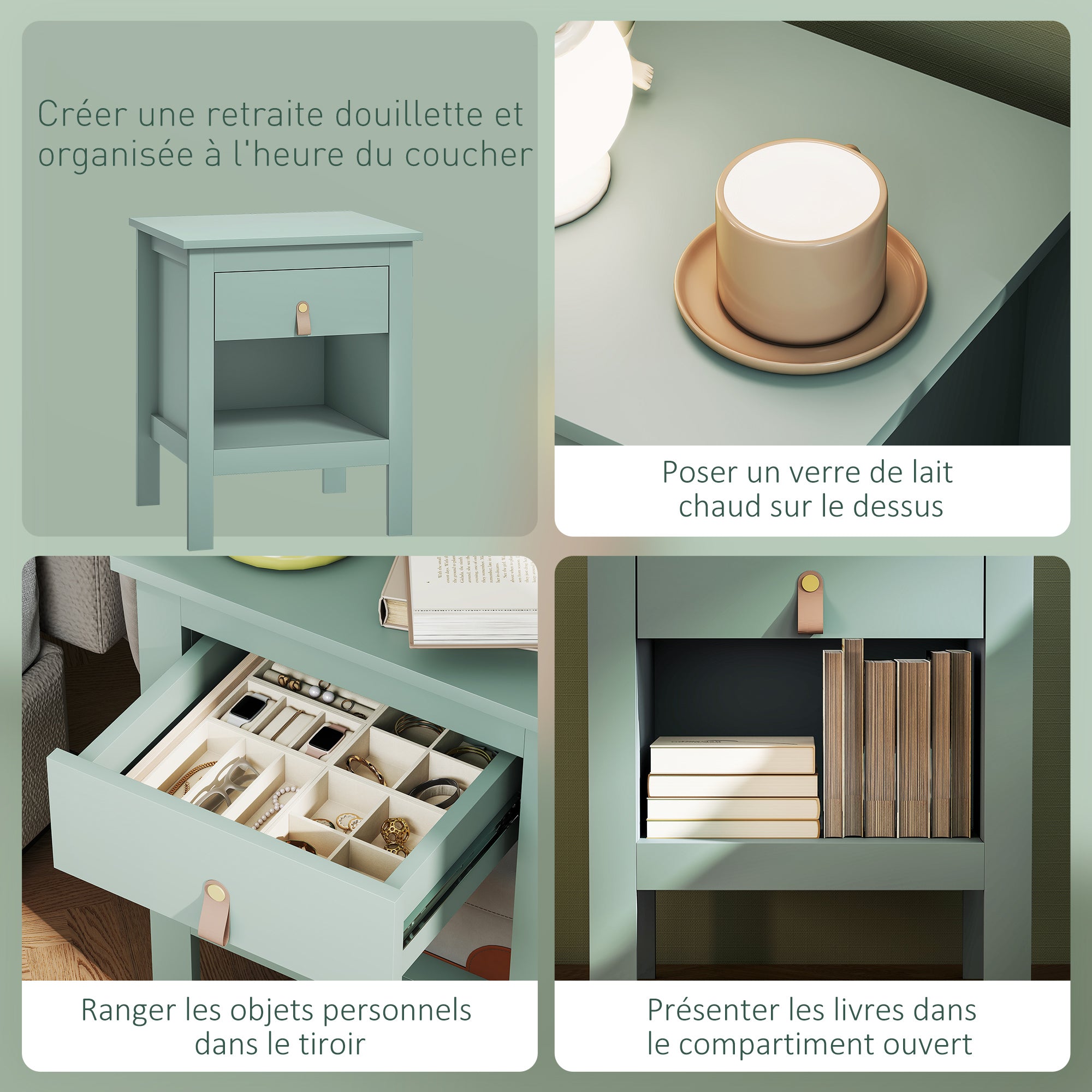 Set of 2 Bedside Tables Nightstand with Drawer and Open Compartment, Modern Style for Bedroom, Living Room, 45 x 40 x 55 cm, Green