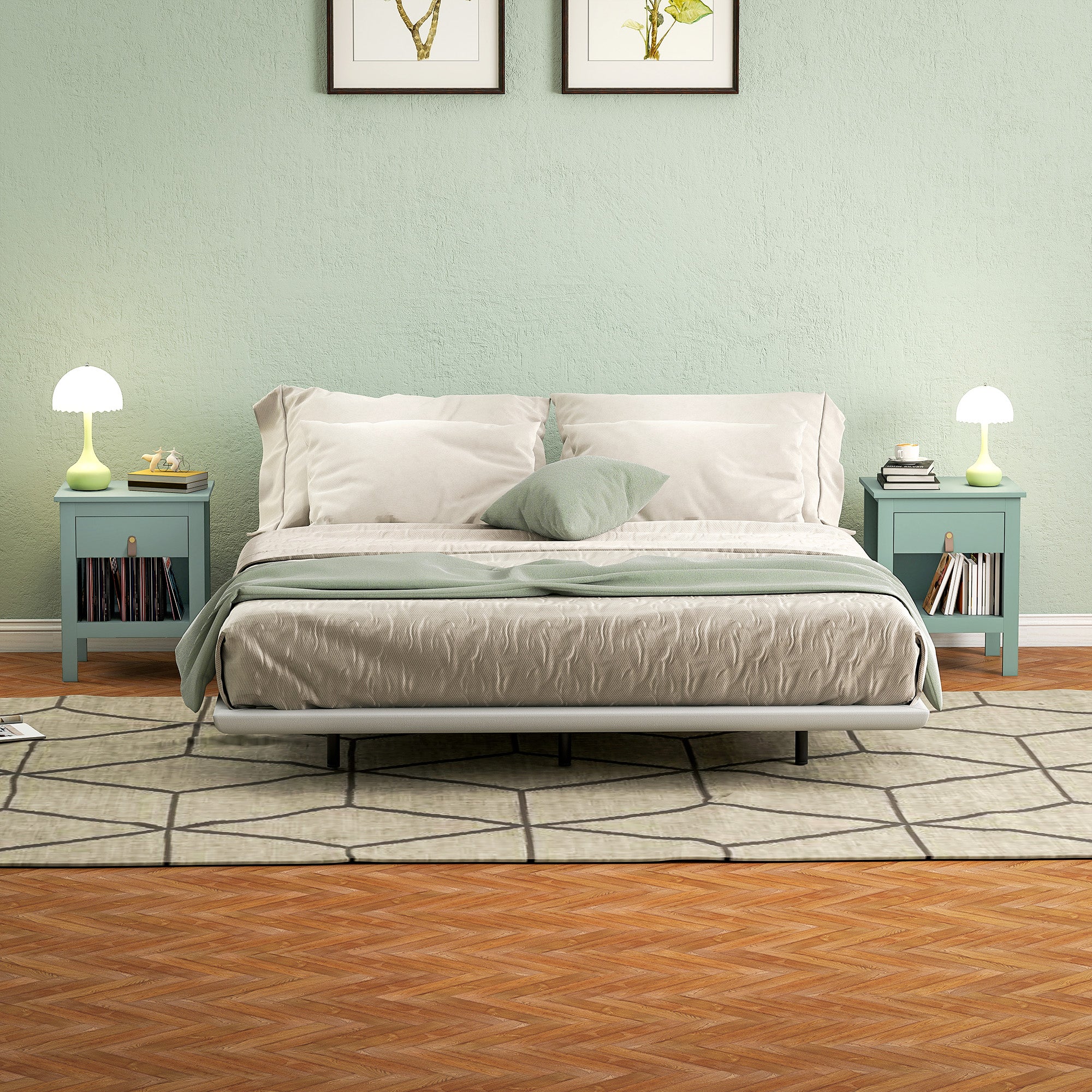 Set of 2 Bedside Tables Nightstand with Drawer and Open Compartment, Modern Style for Bedroom, Living Room, 45 x 40 x 55 cm, Green