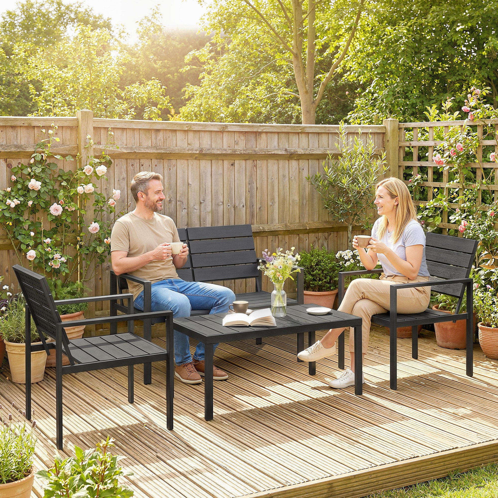 4-Piece Outdoor Garden Sofa Set with 2-Seat Loveseat, 2 Chairs & Coffee Table, Black