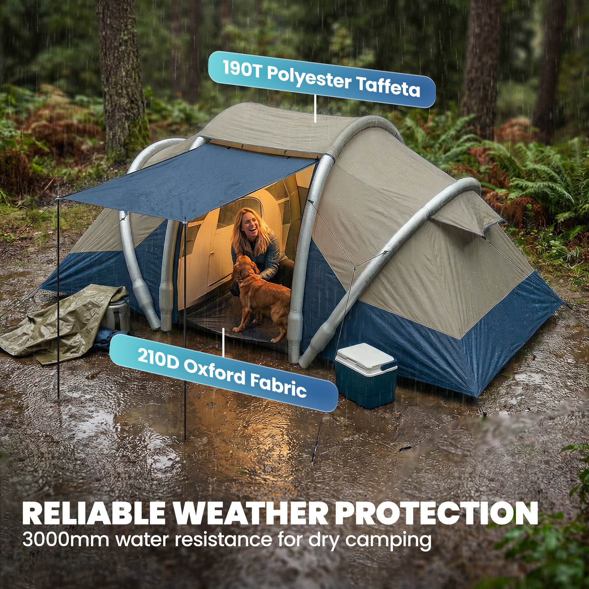 Inflatable 4-Person Tent — Fast Setup Outdoor Camping Tent with Air Pump, 2 Bedrooms, Mesh Windows, Fluorescent Pegs, Front Awning, Waterproof Oxford Fabric