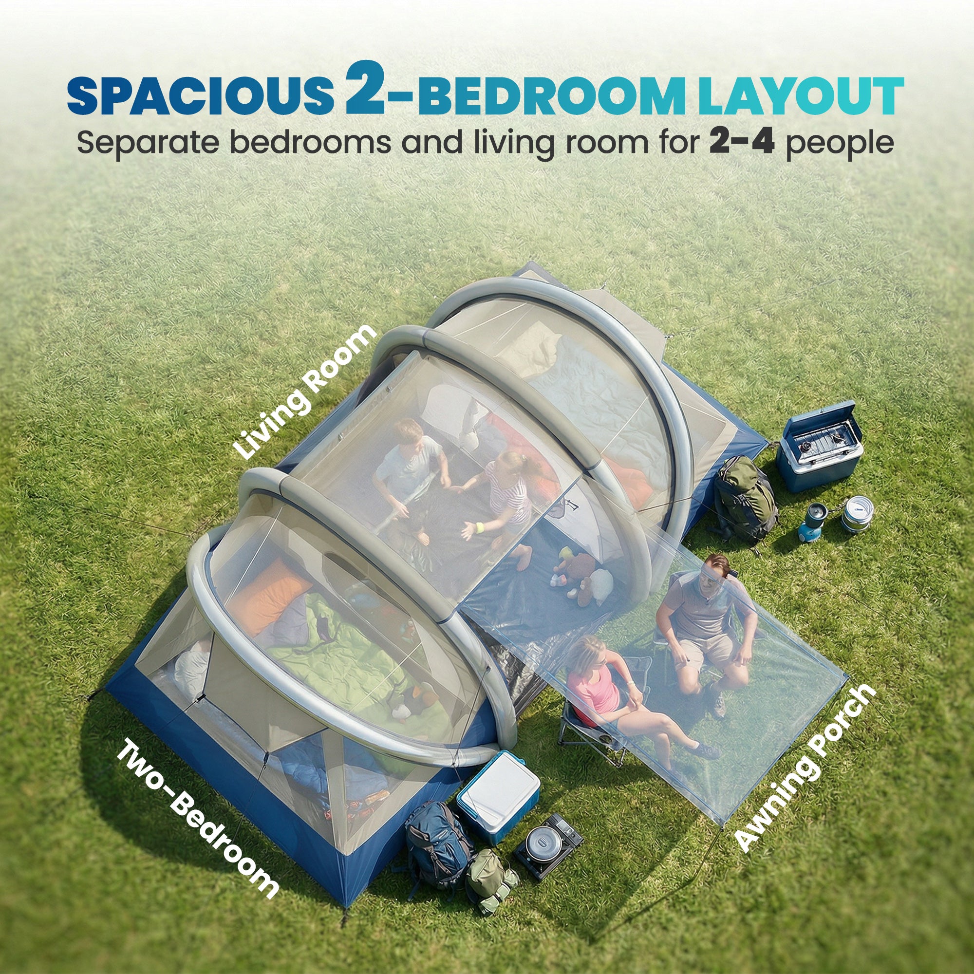 Inflatable 4-Person Tent — Fast Setup Outdoor Camping Tent with Air Pump, 2 Bedrooms, Mesh Windows, Fluorescent Pegs, Front Awning, Waterproof Oxford Fabric