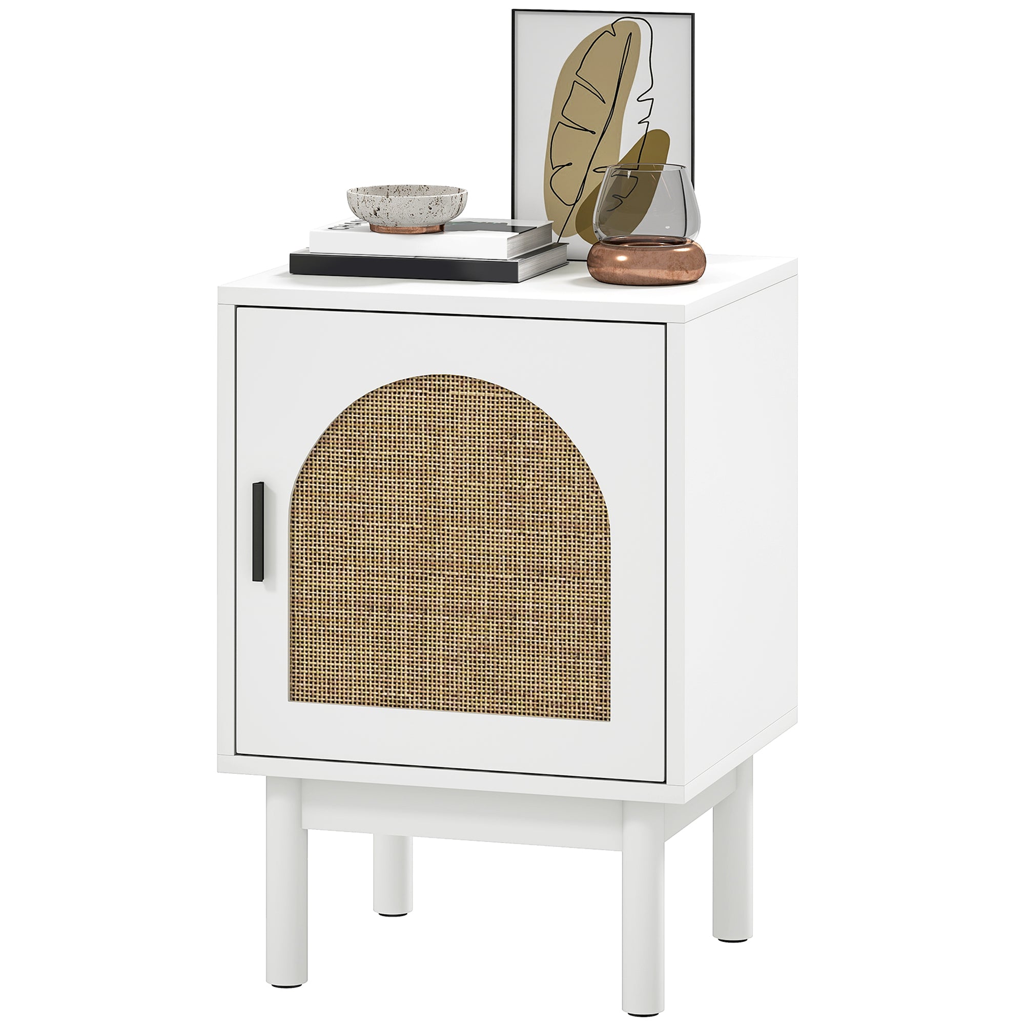 Nightstand Bedside Table with Rattan Door Adjustable Shelf and Wood Legs Bohemian Style Side Table for Living Room Bedroom 40x35x58 cm White