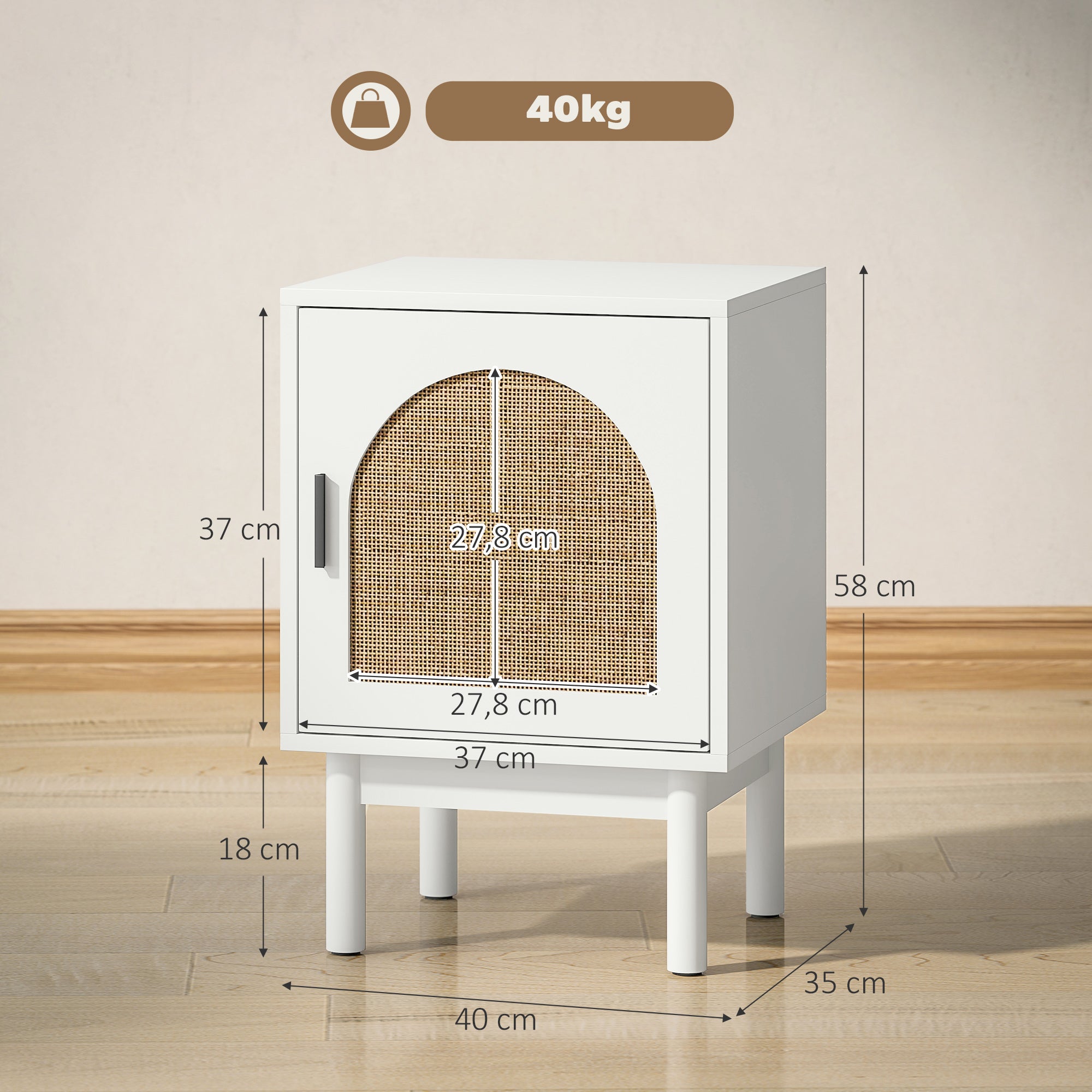 Nightstand Bedside Table with Rattan Door Adjustable Shelf and Wood Legs Bohemian Style Side Table for Living Room Bedroom 40x35x58 cm White