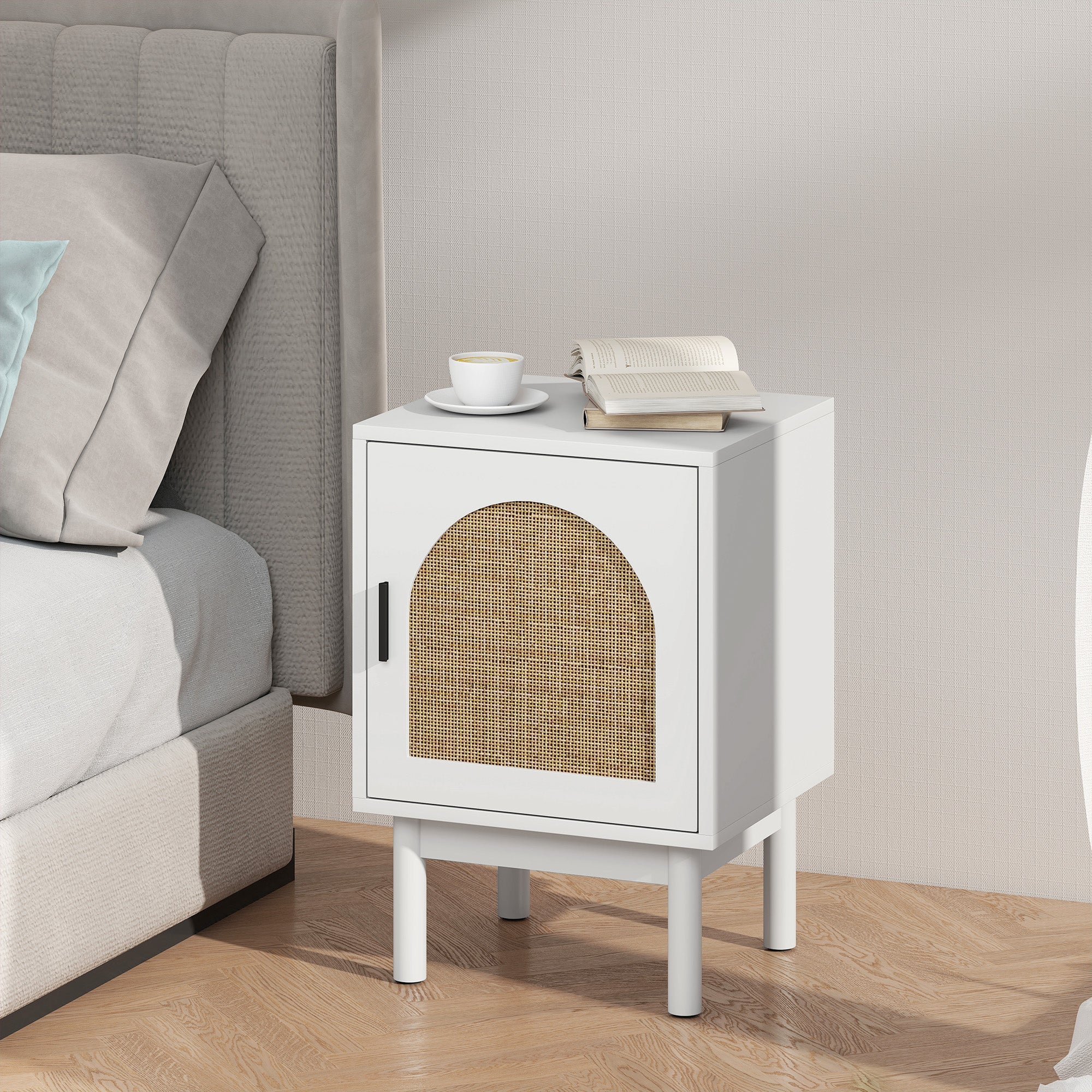 Nightstand Bedside Table with Rattan Door Adjustable Shelf and Wood Legs Bohemian Style Side Table for Living Room Bedroom 40x35x58 cm White
