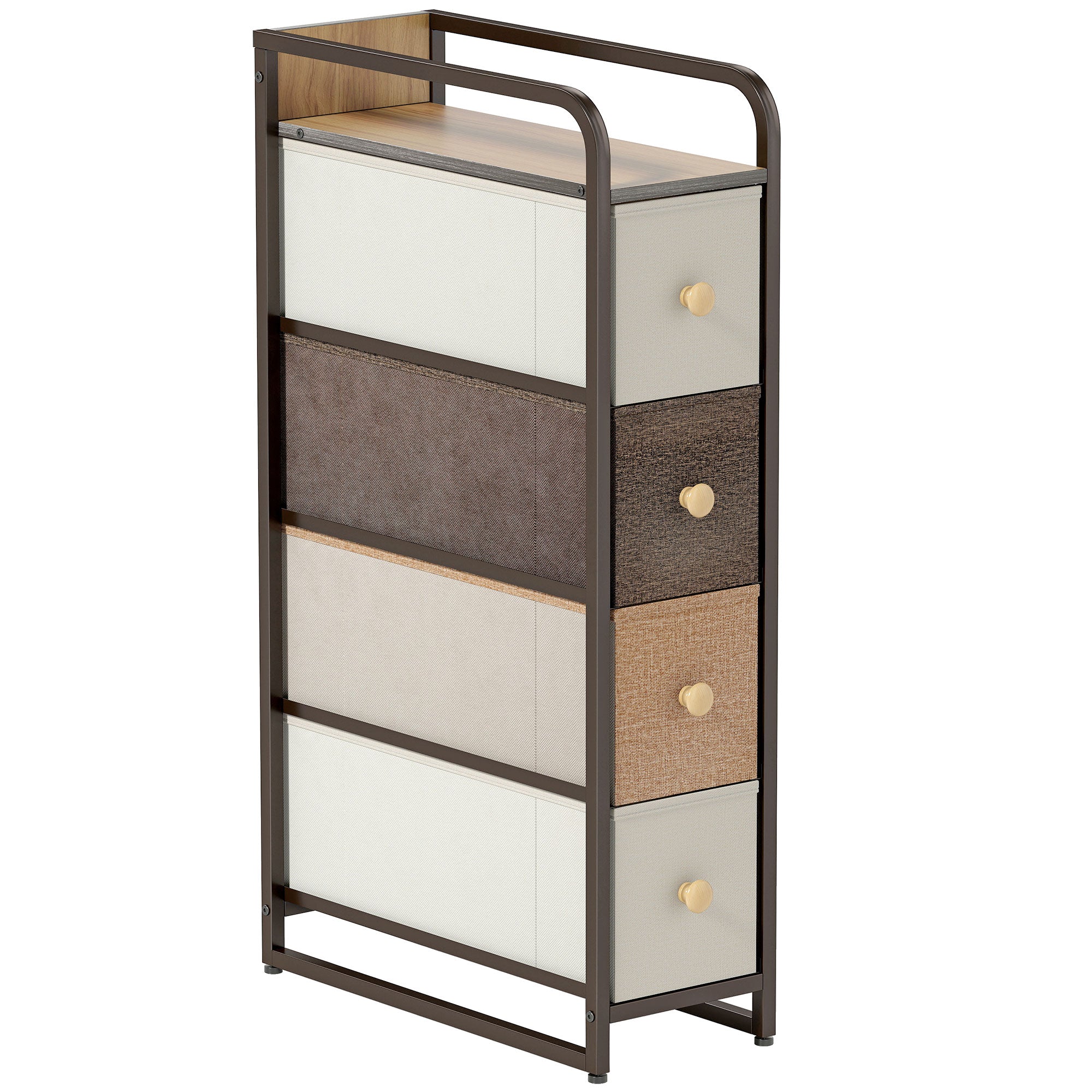 4-Drawer Foldable Fabric Chest, Narrow Storage Unit with Top Shelf and Steel Frame, Modern Style, Multicolor