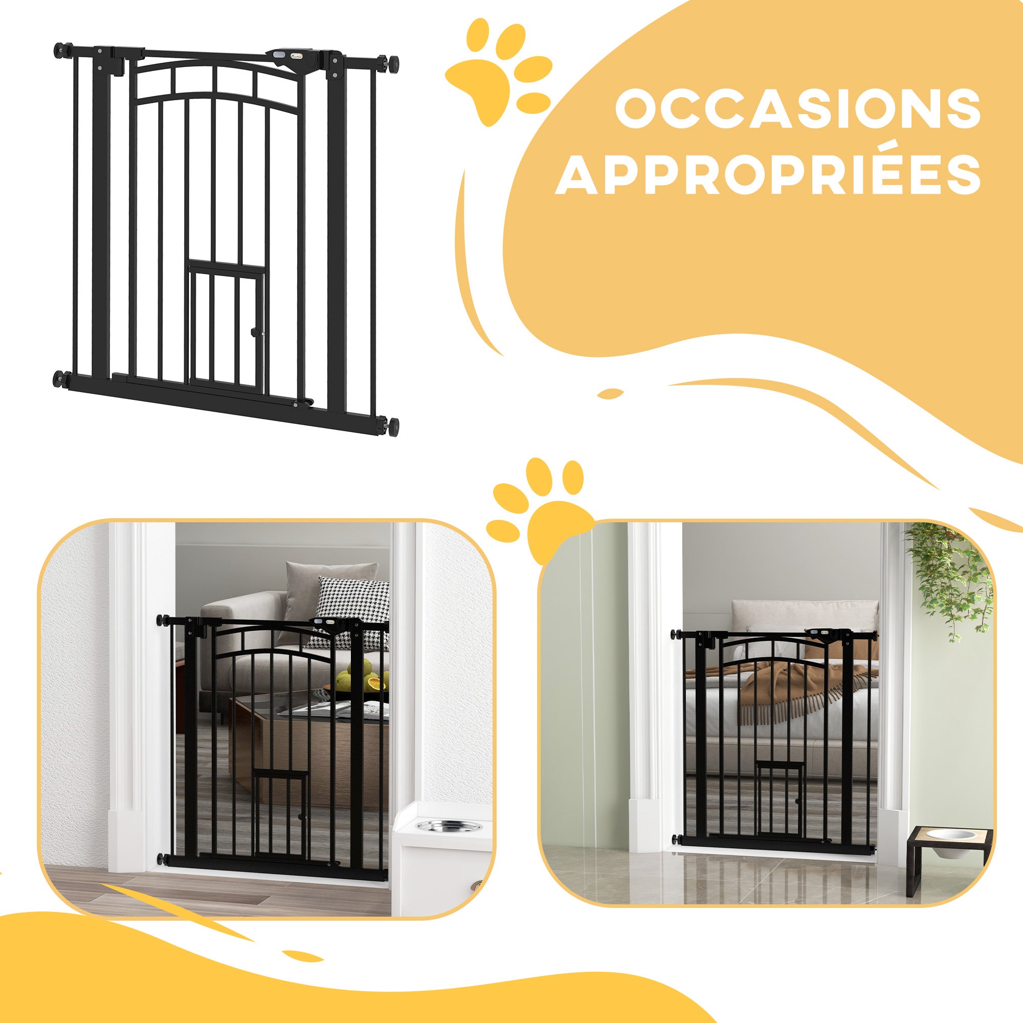 Dog Safety Barrier, Pressure Mounted Stair Gate, No Drill Installation, Auto Close Door, Double Locking System, 74 to 80 cm, Steel, Black