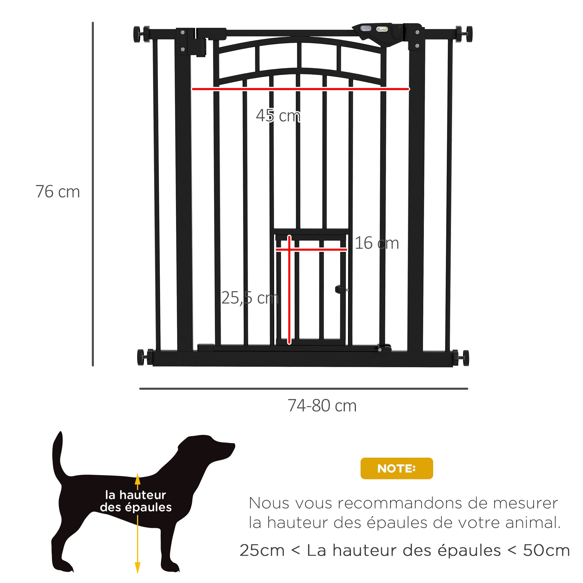 Dog Safety Barrier, Pressure Mounted Stair Gate, No Drill Installation, Auto Close Door, Double Locking System, 74 to 80 cm, Steel, Black