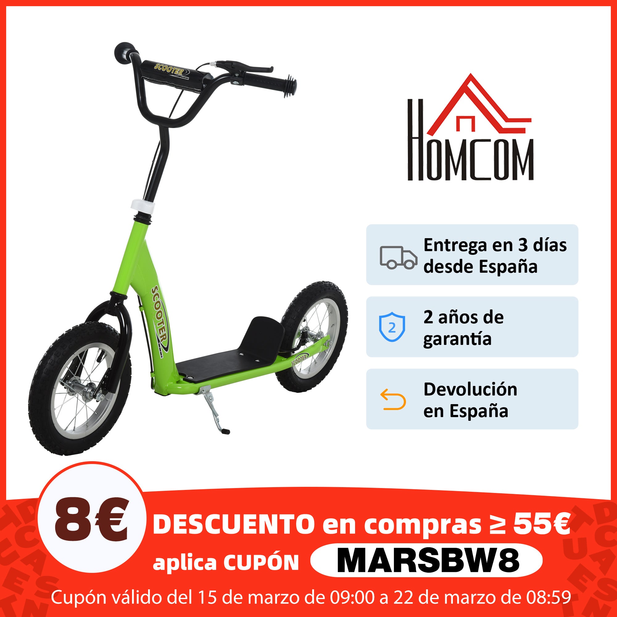 Scooter for Children Over 5 Years Scooter 2 Rubber Inflatable Tires with Handlebar Adjustable Brakes Non-Slip Pedal 117x52x80-85 cm Green