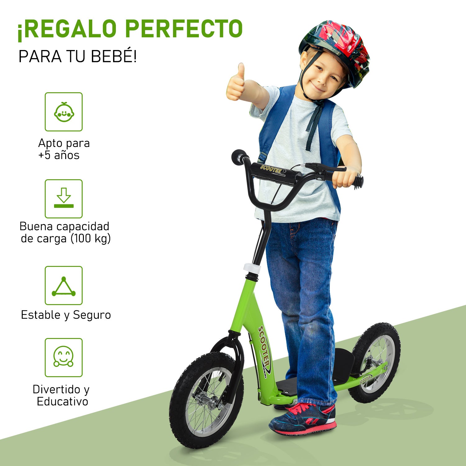 Scooter for Children Over 5 Years Scooter 2 Rubber Inflatable Tires with Handlebar Adjustable Brakes Non-Slip Pedal 117x52x80-85 cm Green