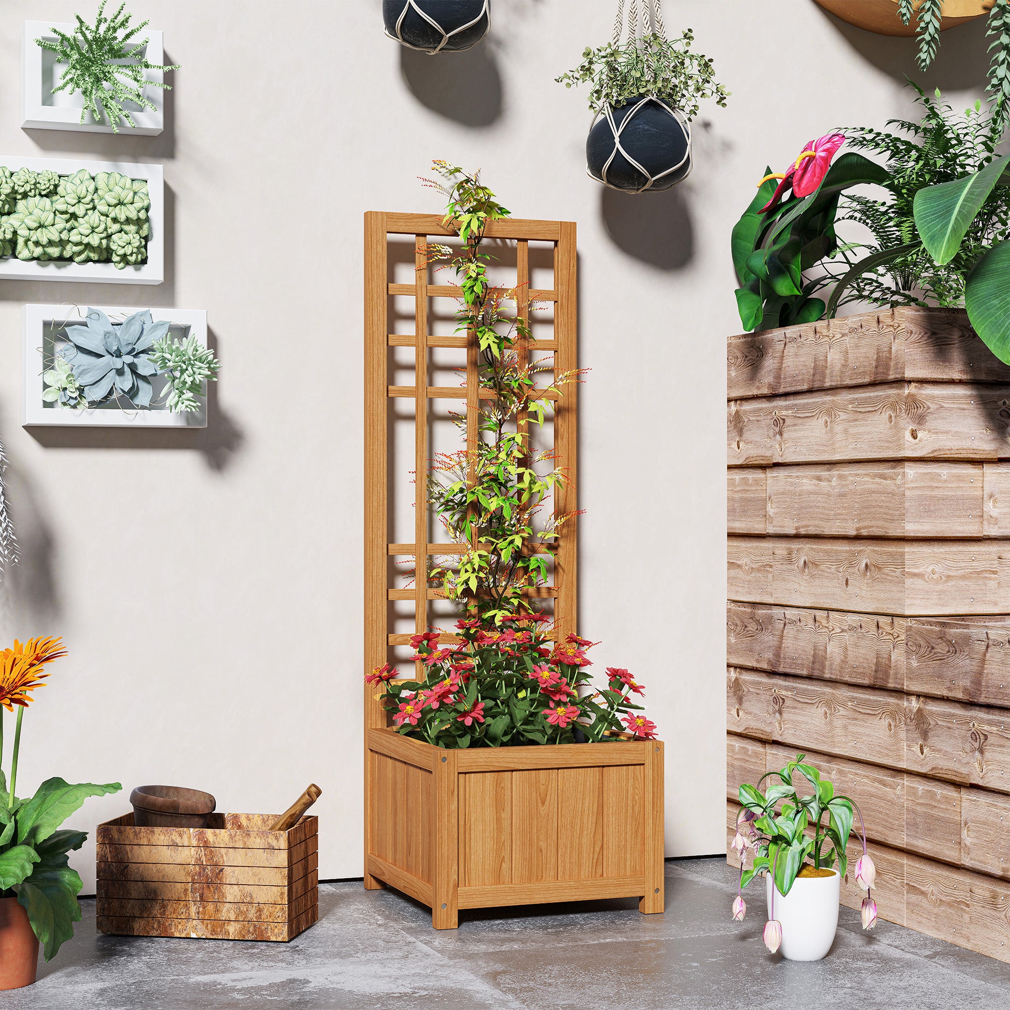 Outdoor Raised Garden Bed with Trellis, Outdoor Planter with Drainage Hole and Breathable Liner in Fir Wood, for Flowers and Vegetables, 40x40x120 cm, Light Brown