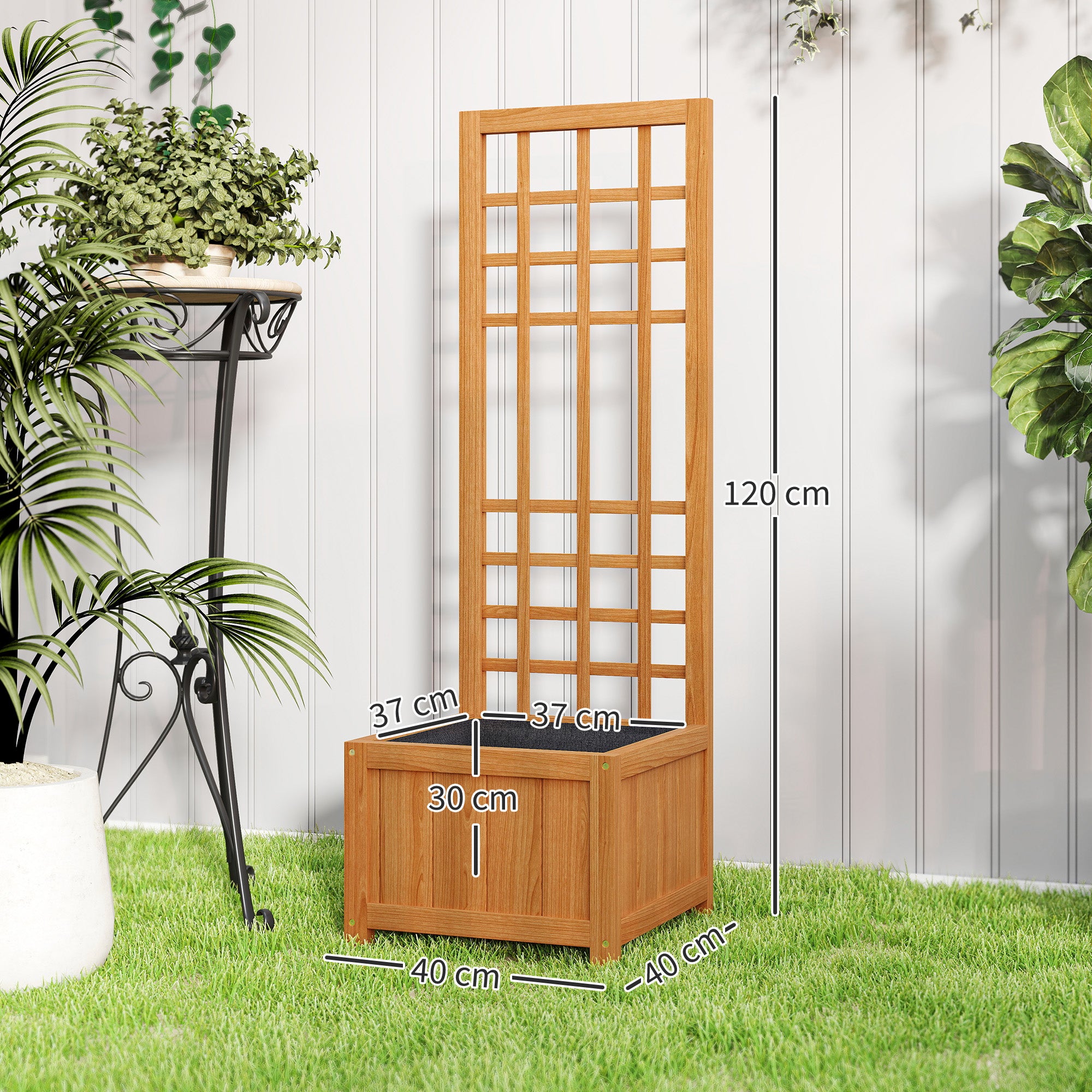 Outdoor Raised Garden Bed with Trellis, Outdoor Planter with Drainage Hole and Breathable Liner in Fir Wood, for Flowers and Vegetables, 40x40x120 cm, Light Brown