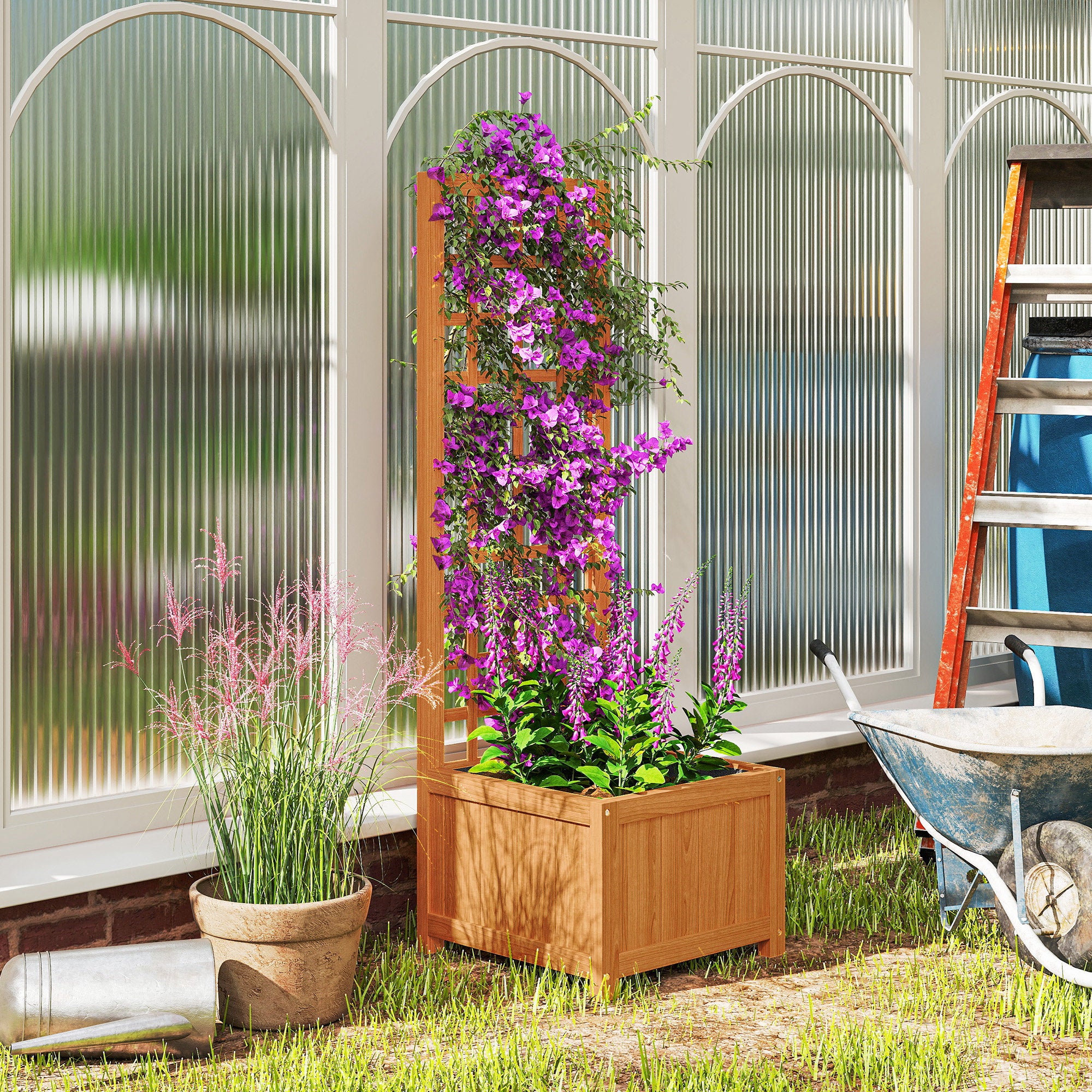 Outdoor Raised Garden Bed with Trellis, Outdoor Planter with Drainage Hole and Breathable Liner in Fir Wood, for Flowers and Vegetables, 40x40x120 cm, Light Brown