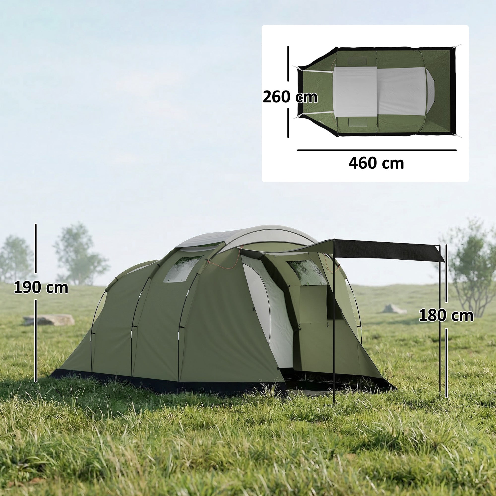 3–4 Person Camping Tent — Waterproof Family Tent with Sleeping Cabin, Front Awning & Living Area, 3000 mm Hydrostatic Head, Green