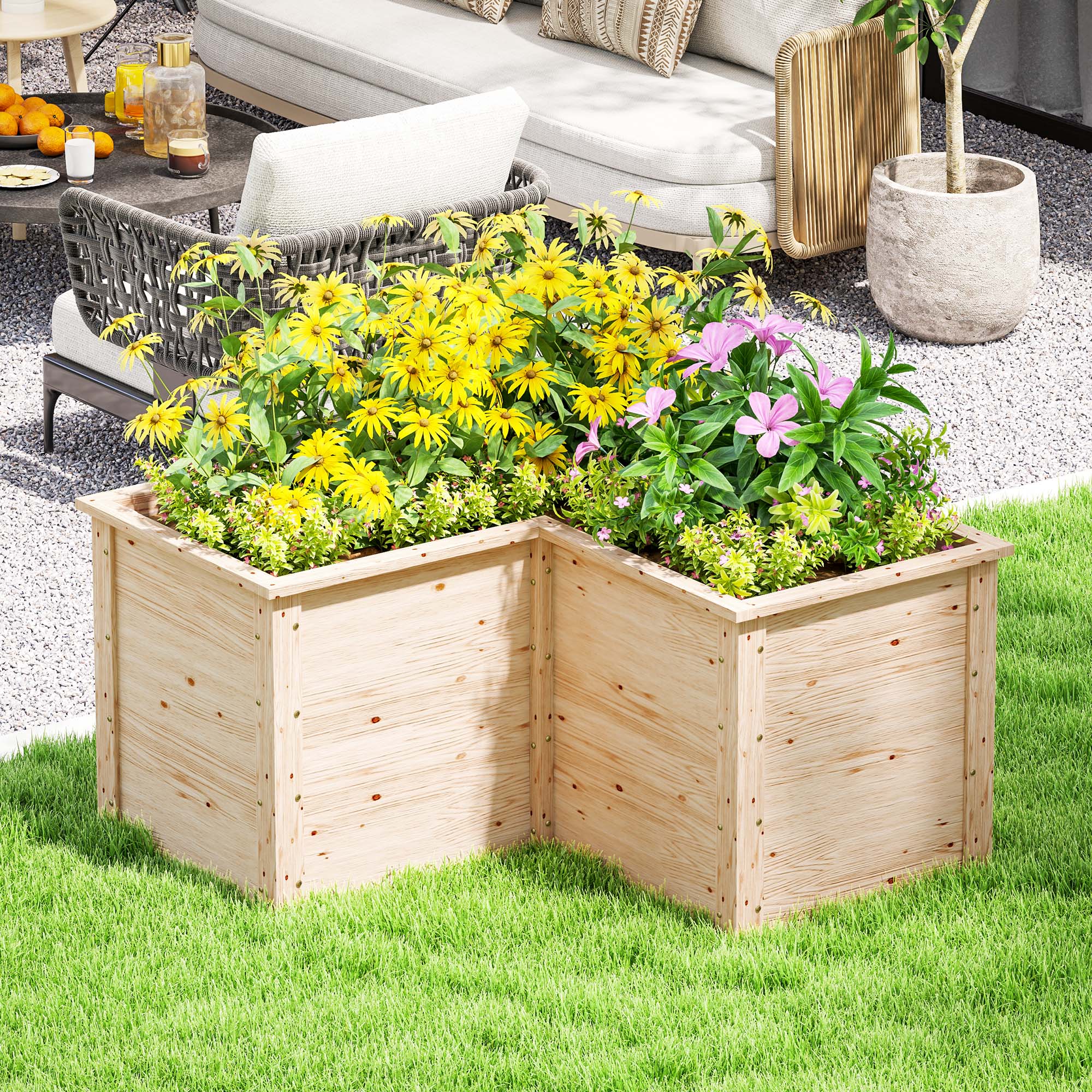 L-Shaped Garden Planter, Raised Garden Bed, Open Bottom Outdoor Flower Box in Natural Wood for Patio Terrace, 120 x 120 x 62 cm, Natural Wood