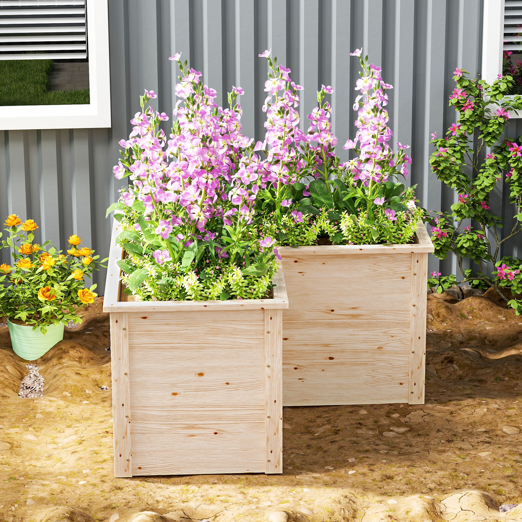 L-Shaped Garden Planter, Raised Garden Bed, Open Bottom Outdoor Flower Box in Natural Wood for Patio Terrace, 120 x 120 x 62 cm, Natural Wood