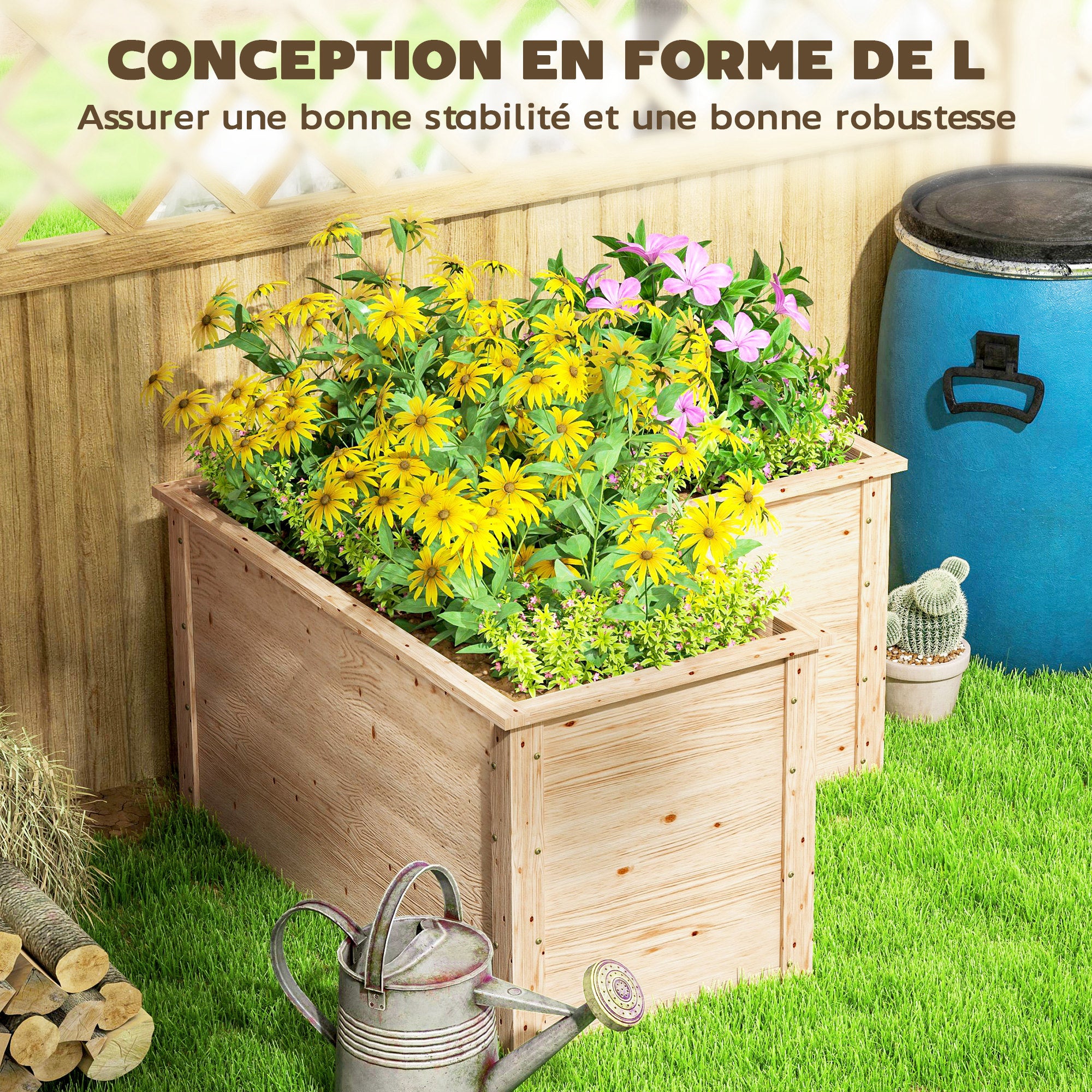 L-Shaped Garden Planter, Raised Garden Bed, Open Bottom Outdoor Flower Box in Natural Wood for Patio Terrace, 120 x 120 x 62 cm, Natural Wood