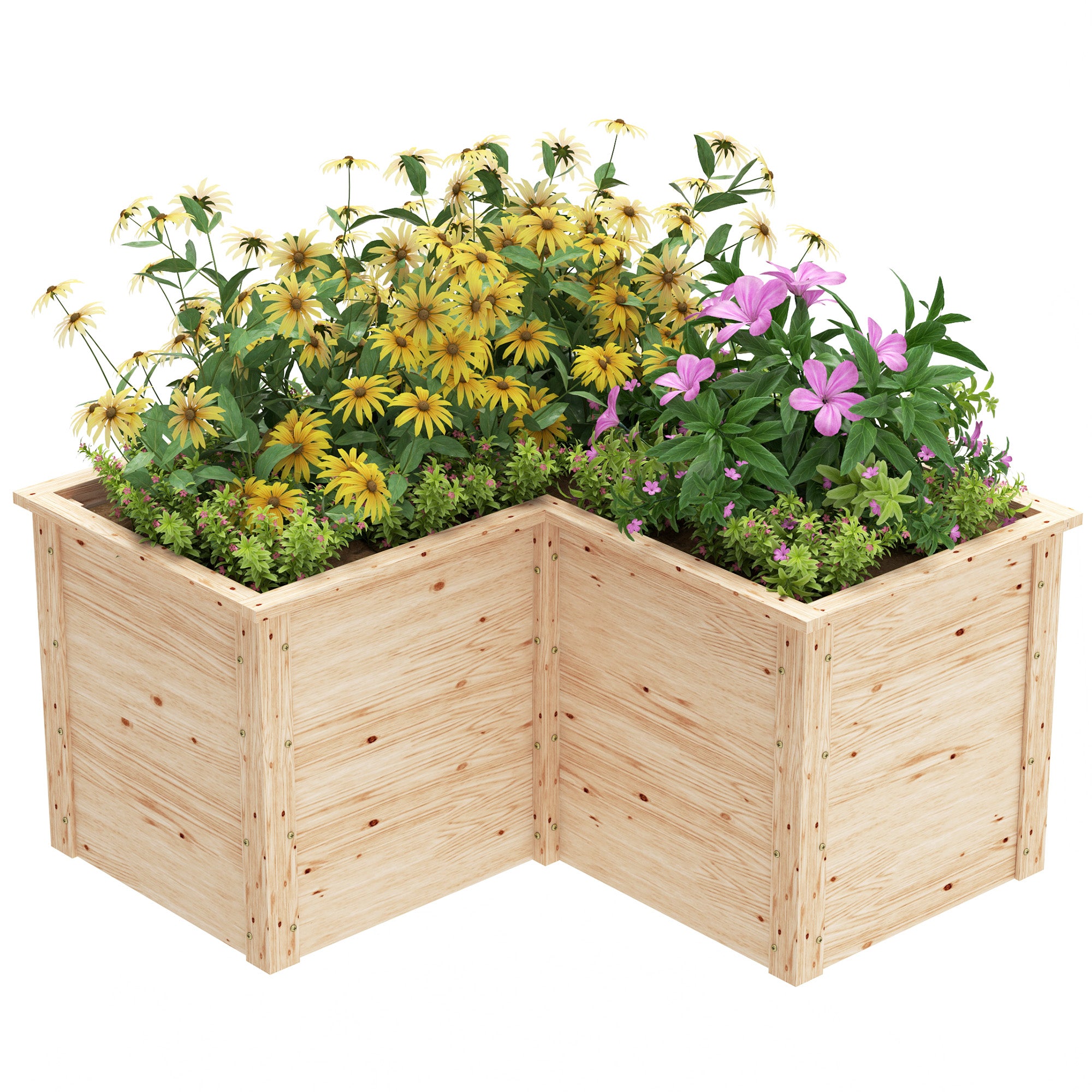 L-Shaped Garden Planter, Raised Garden Bed, Open Bottom Outdoor Flower Box in Natural Wood for Patio Terrace, 120 x 120 x 62 cm, Natural Wood