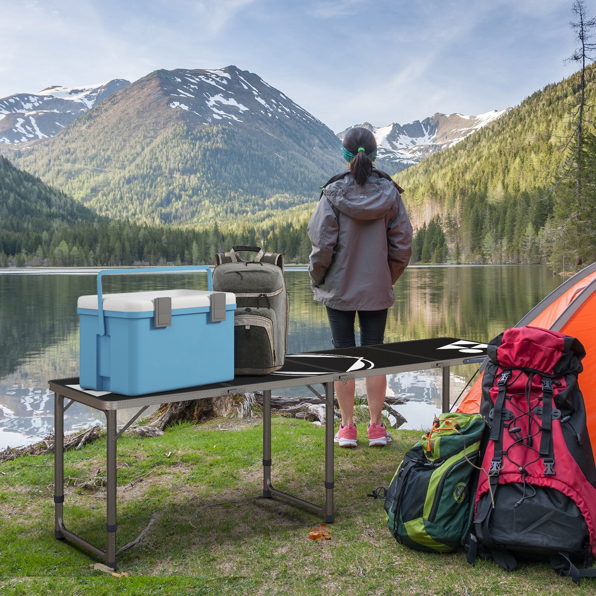 Beer Pong Table Foldable Camping Table 240 x 60 cm Adjustable Height Folding Table for Garden, Balcony, Aluminum, Black