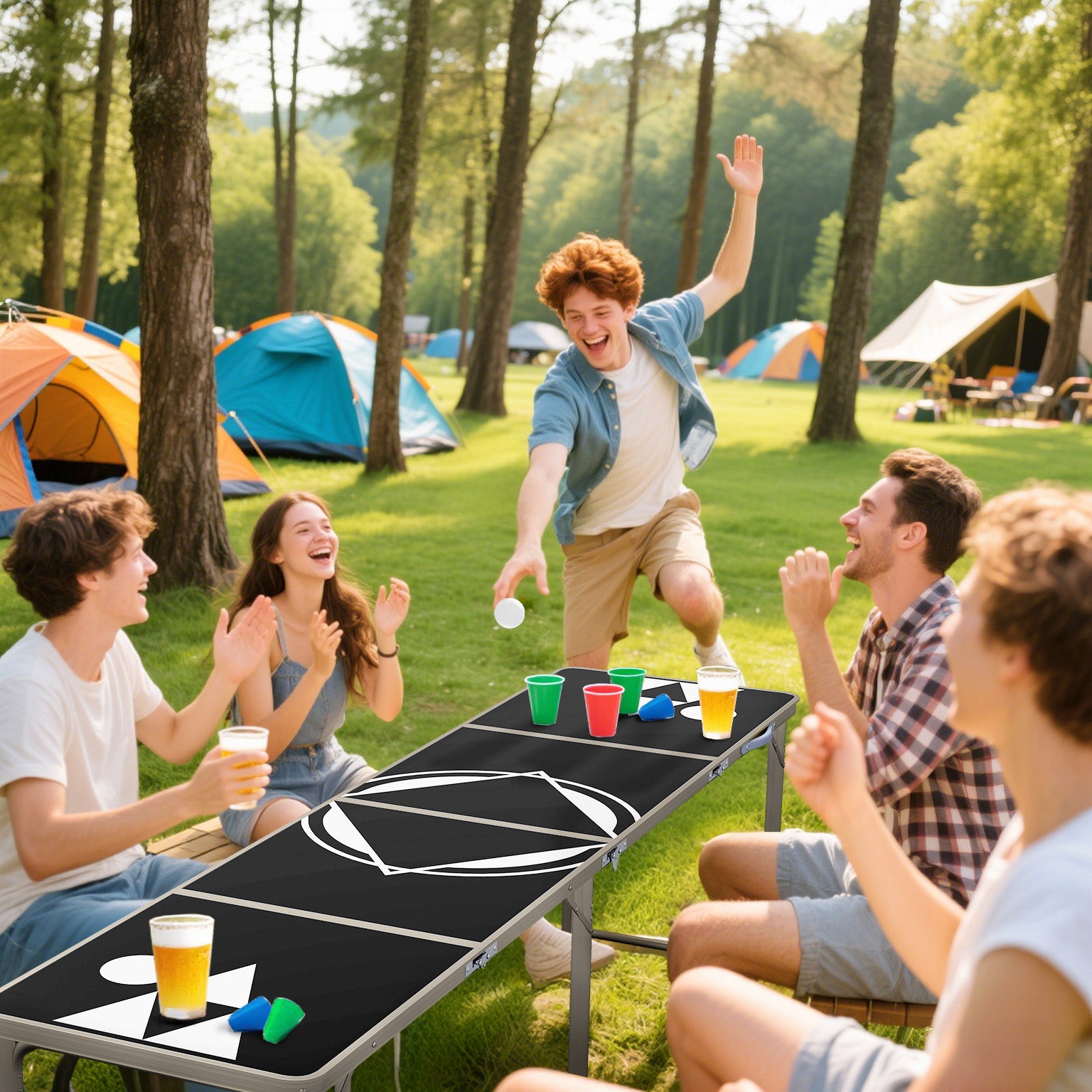 Beer Pong Table Foldable Camping Table 240 x 60 cm Adjustable Height Folding Table for Garden, Balcony, Aluminum, Black