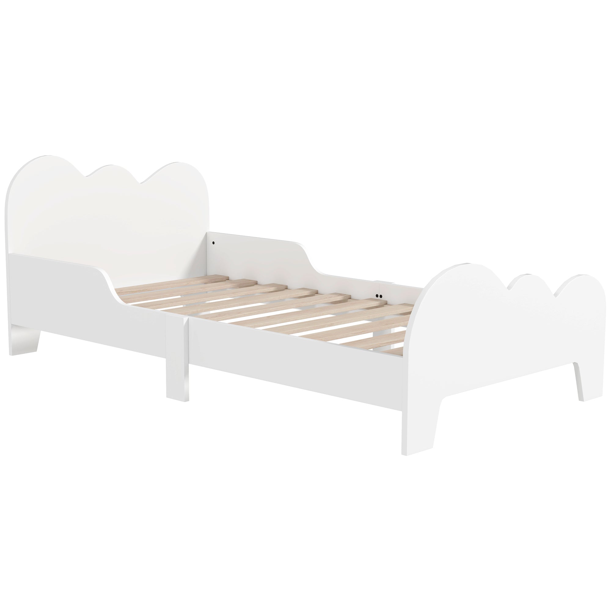 Children's Bed Low Floor Bed 70x140 cm with Safety Barrière, Slatted Base Included and Cloud Decorations, Bed Frame for Boys and Girls 3-8 years old - White