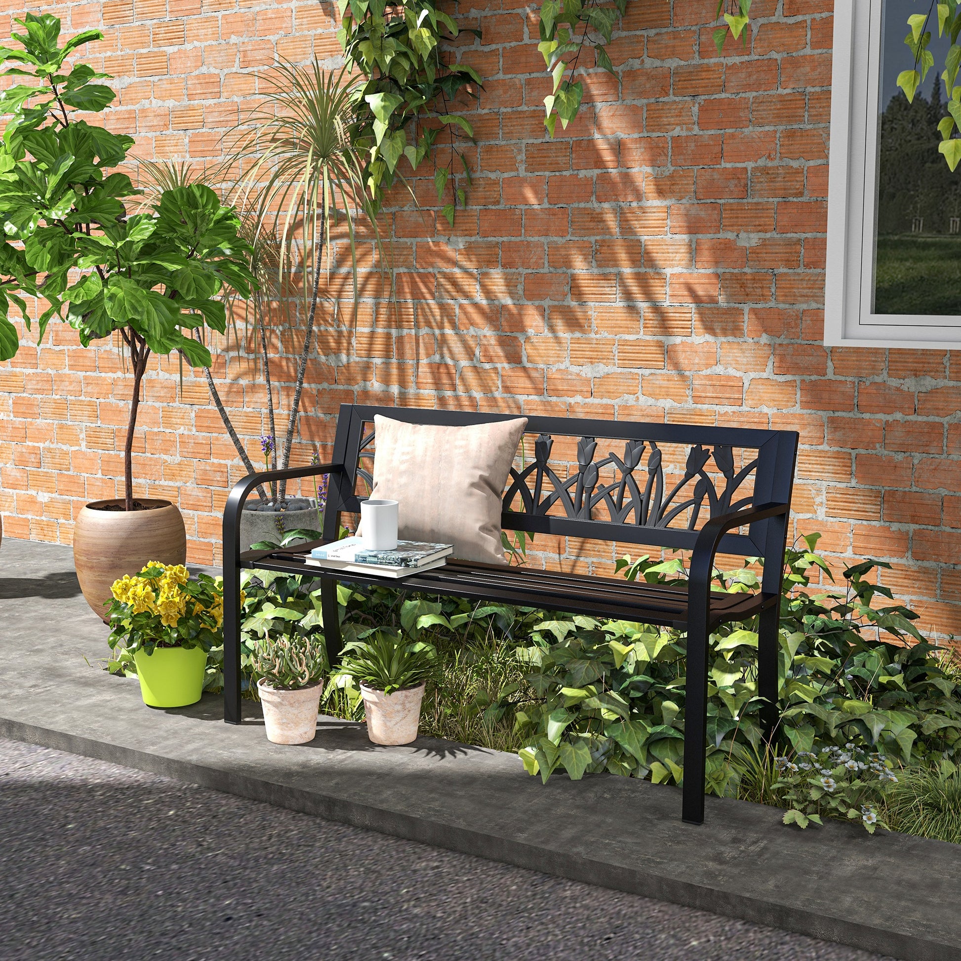 Steel Garden Bench, 2-Seater Garden Bench with Decorated Backrest and Armrests, 125x50x75cm, Black