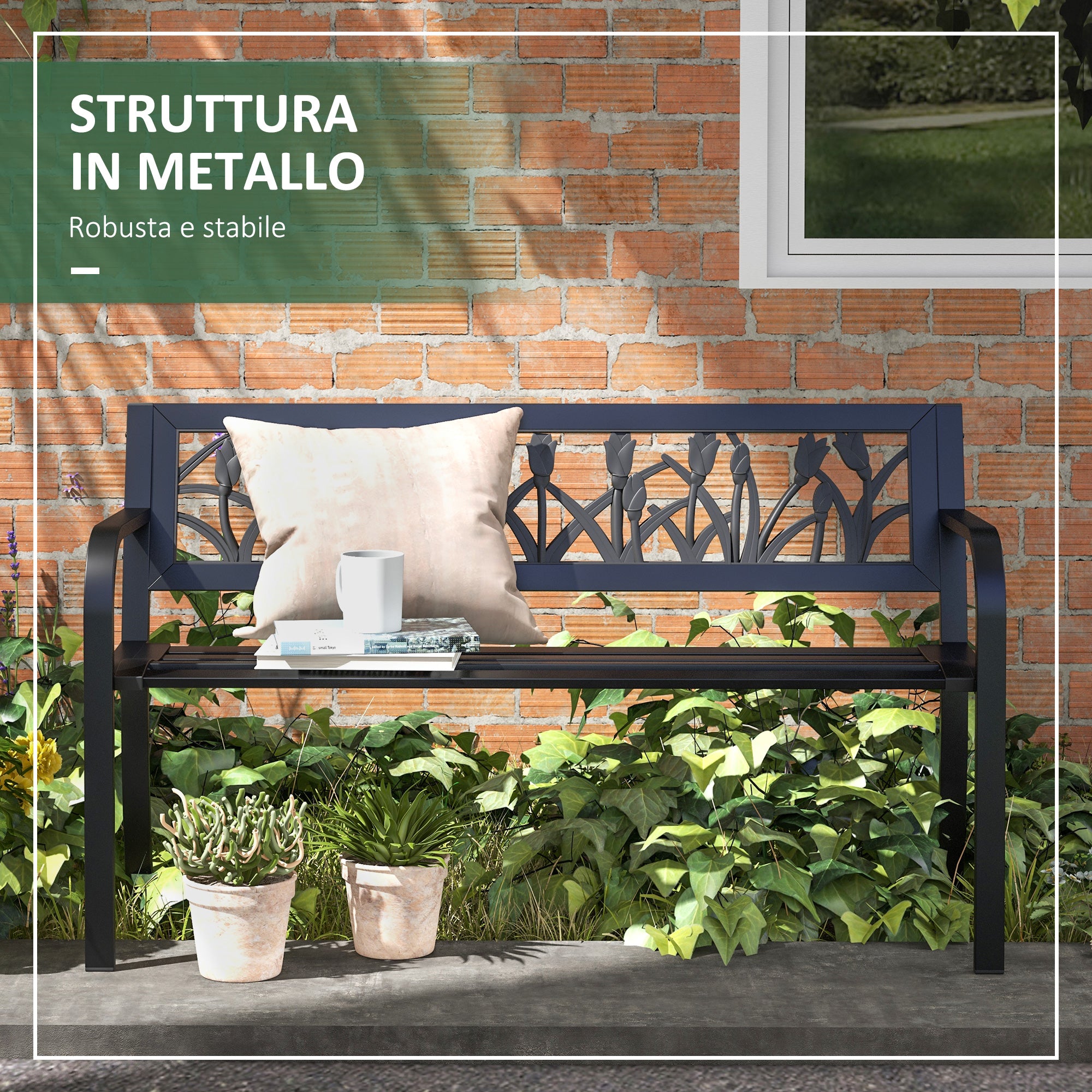 Steel Garden Bench, 2-Seater Garden Bench with Decorated Backrest and Armrests, 125x50x75cm, Black