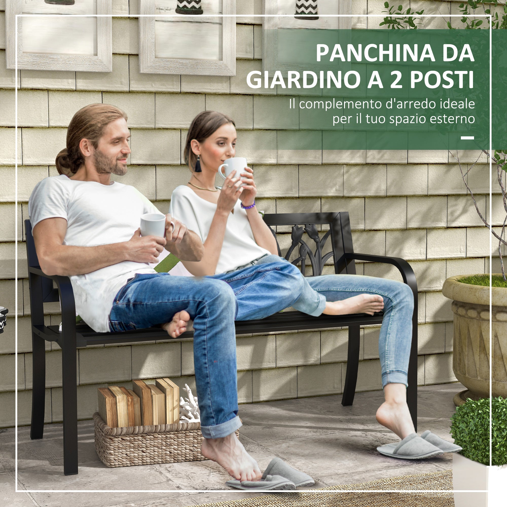 Steel Garden Bench, 2-Seater Garden Bench with Decorated Backrest and Armrests, 125x50x75cm, Black