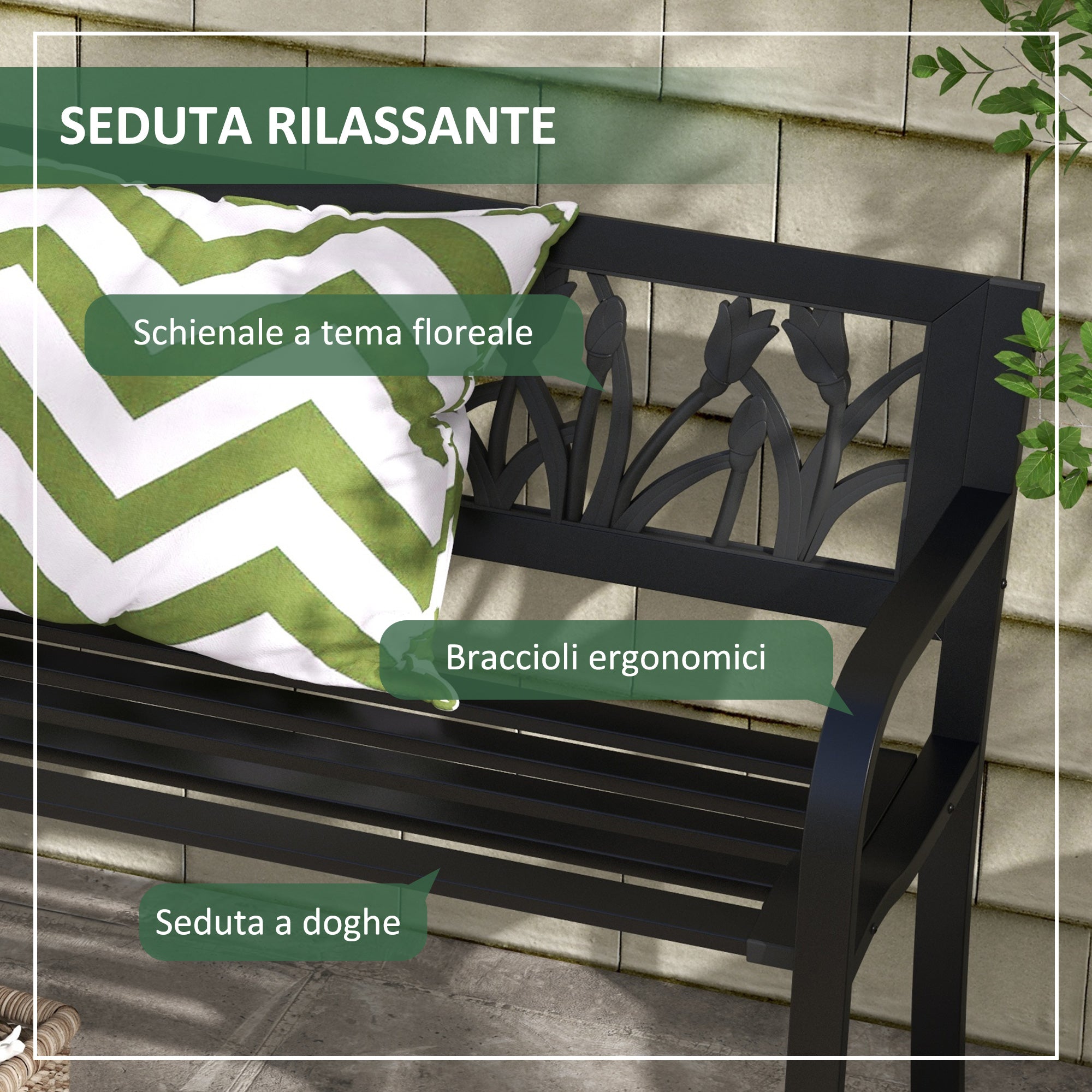 Steel Garden Bench, 2-Seater Garden Bench with Decorated Backrest and Armrests, 125x50x75cm, Black