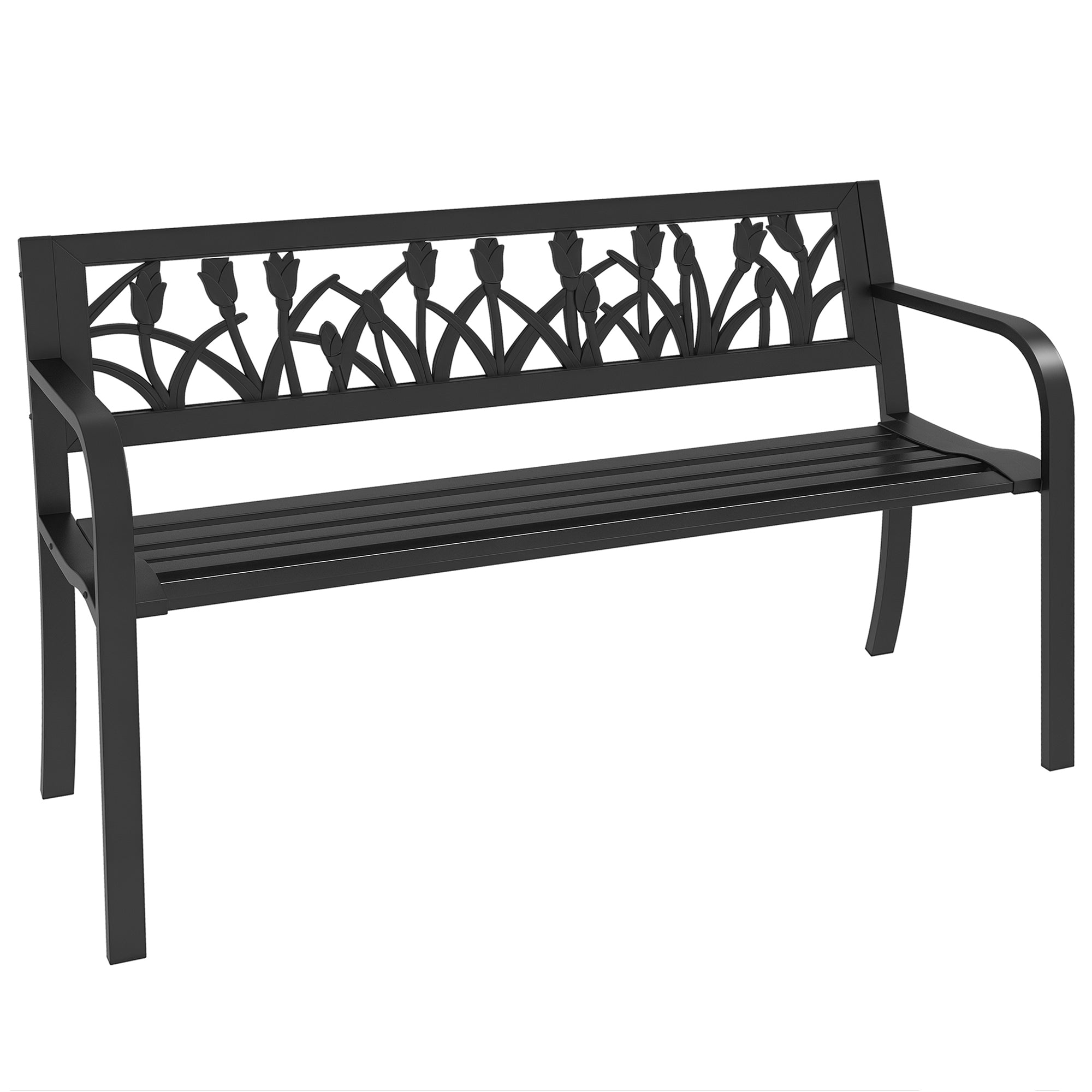 Steel Garden Bench, 2-Seater Garden Bench with Decorated Backrest and Armrests, 125x50x75cm, Black