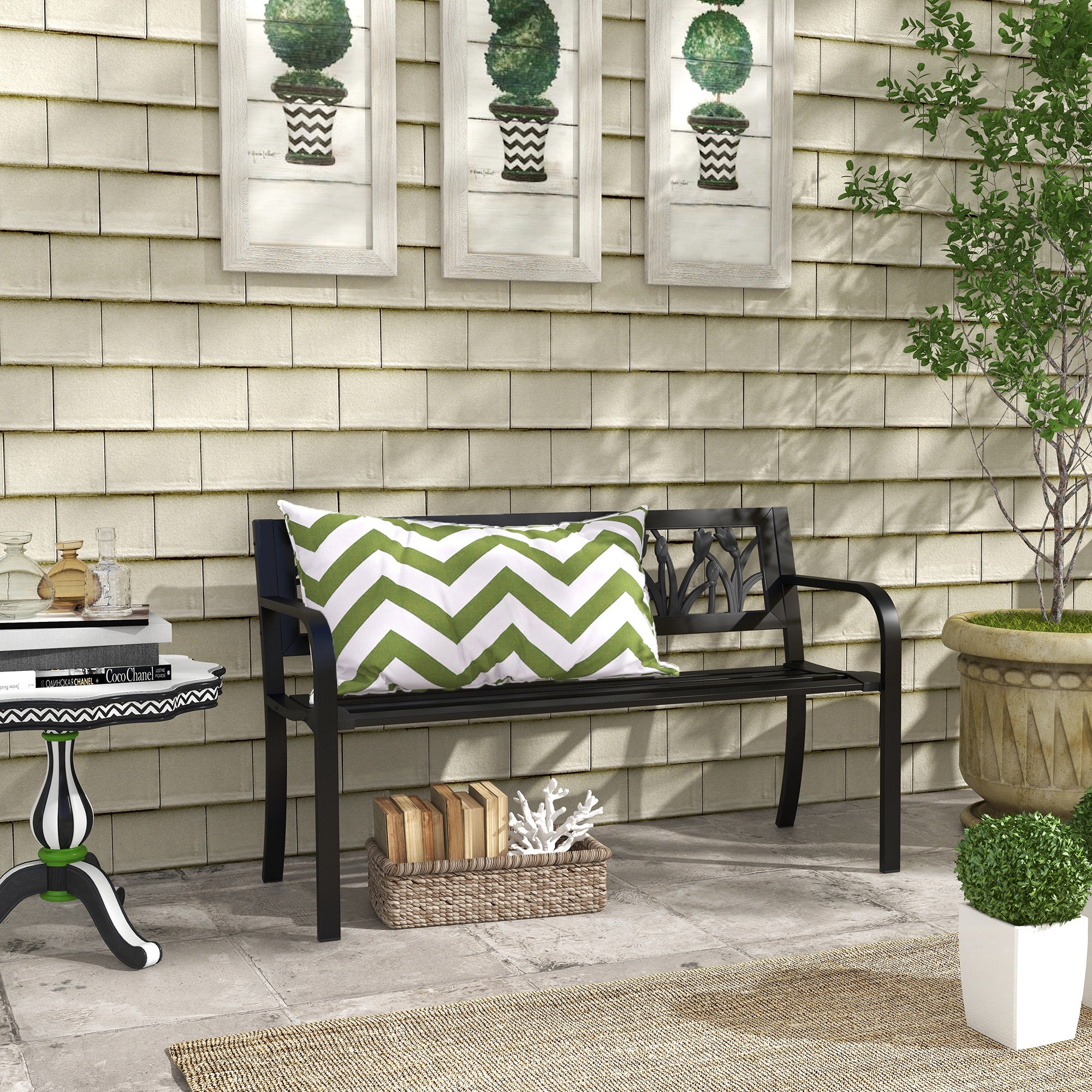 Steel Garden Bench, 2-Seater Garden Bench with Decorated Backrest and Armrests, 125x50x75cm, Black