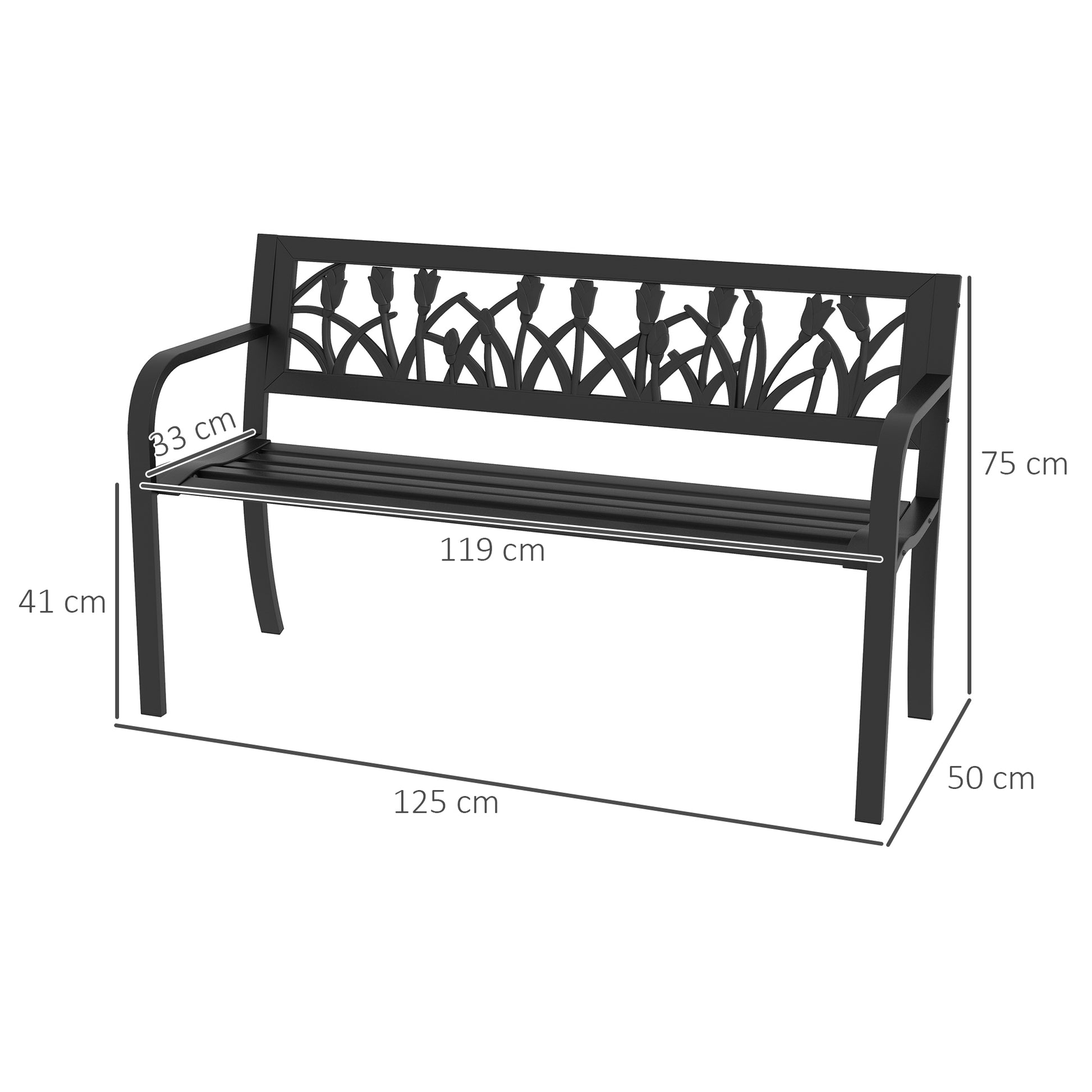Steel Garden Bench, 2-Seater Garden Bench with Decorated Backrest and Armrests, 125x50x75cm, Black