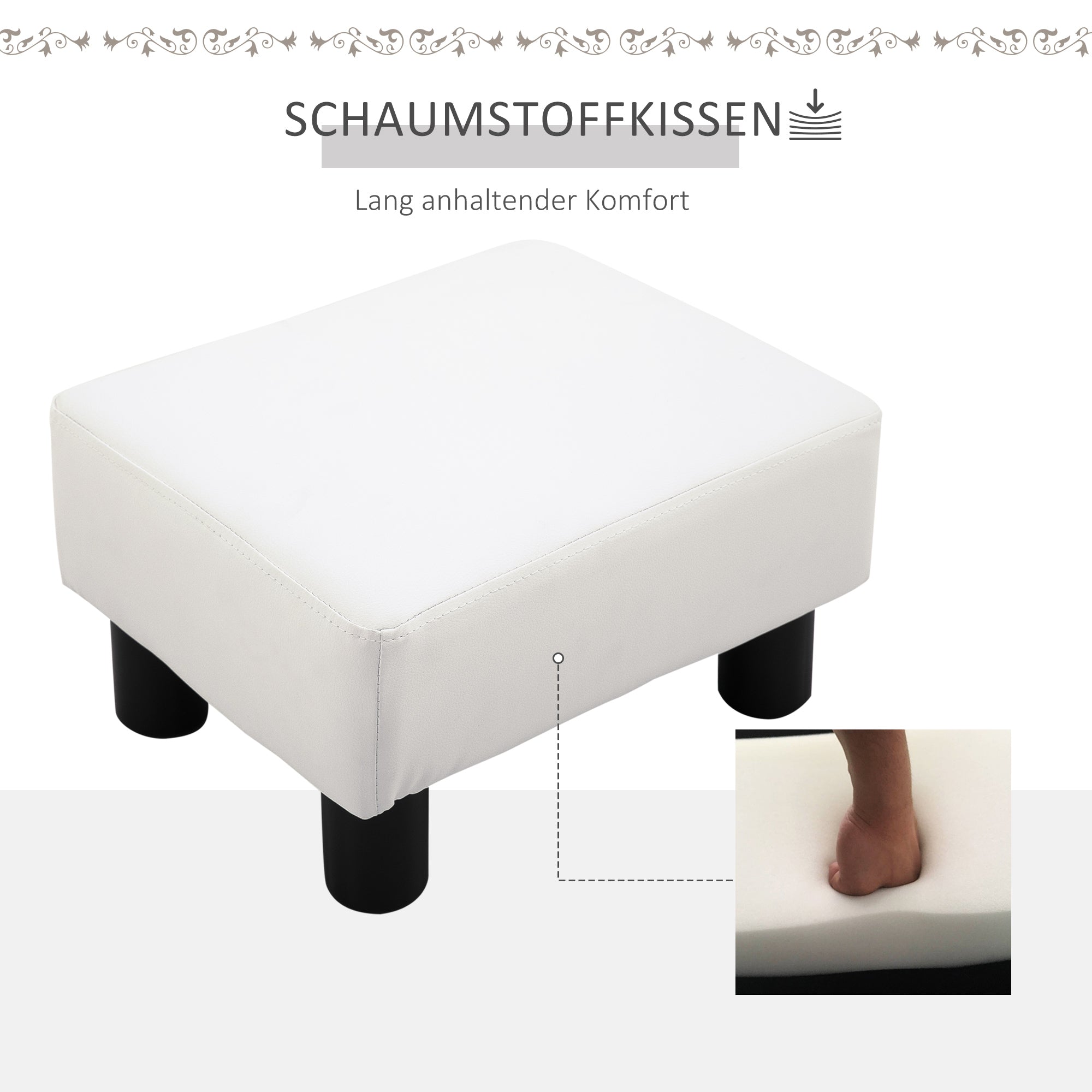 Footstool with Faux Leather Modern Ottoman Footrest for Bedroom, Living Room, White