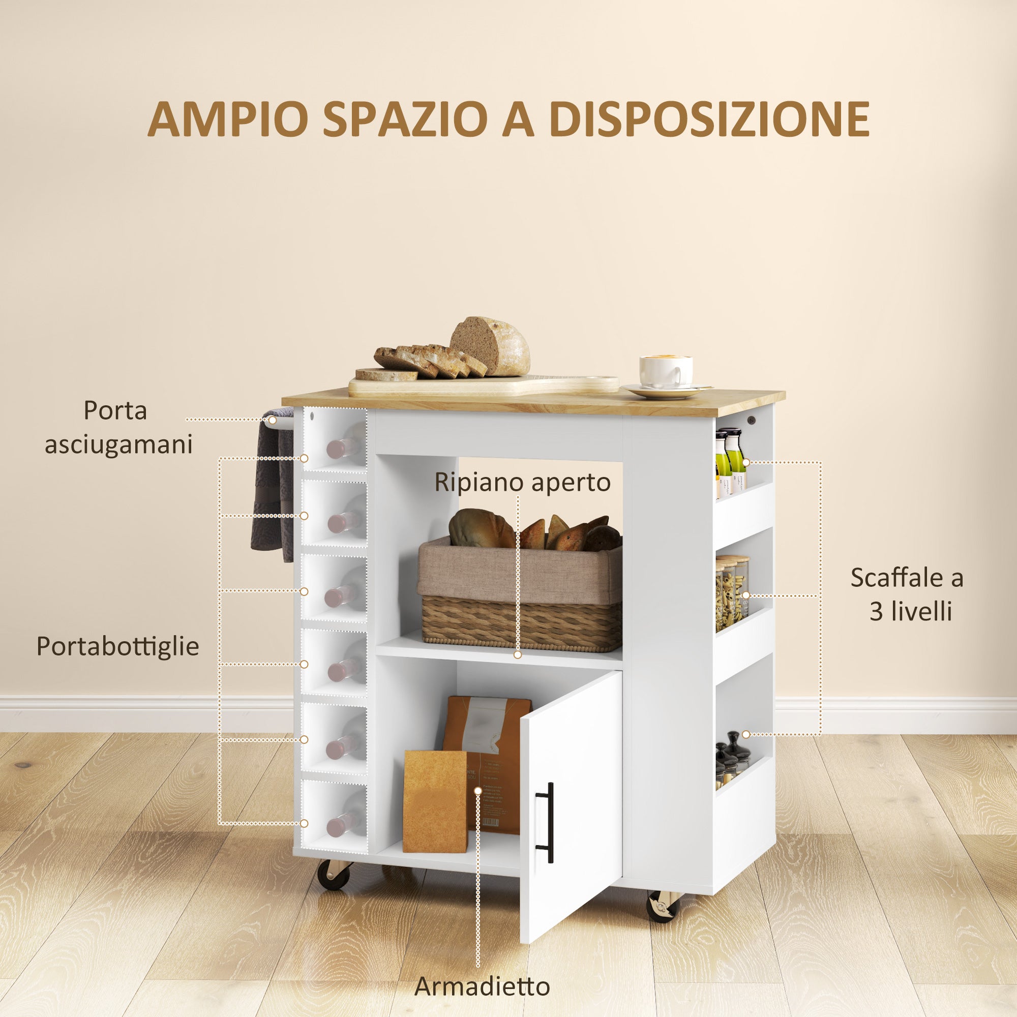 Kitchen Trolley with 6 Bottle Holders, 3 Side Shelves and Cabinet with Soft-Closing Hinges, Kitchen Cart with Towel Rack and Rubber Wood Top, 83x40x83cm, Oak