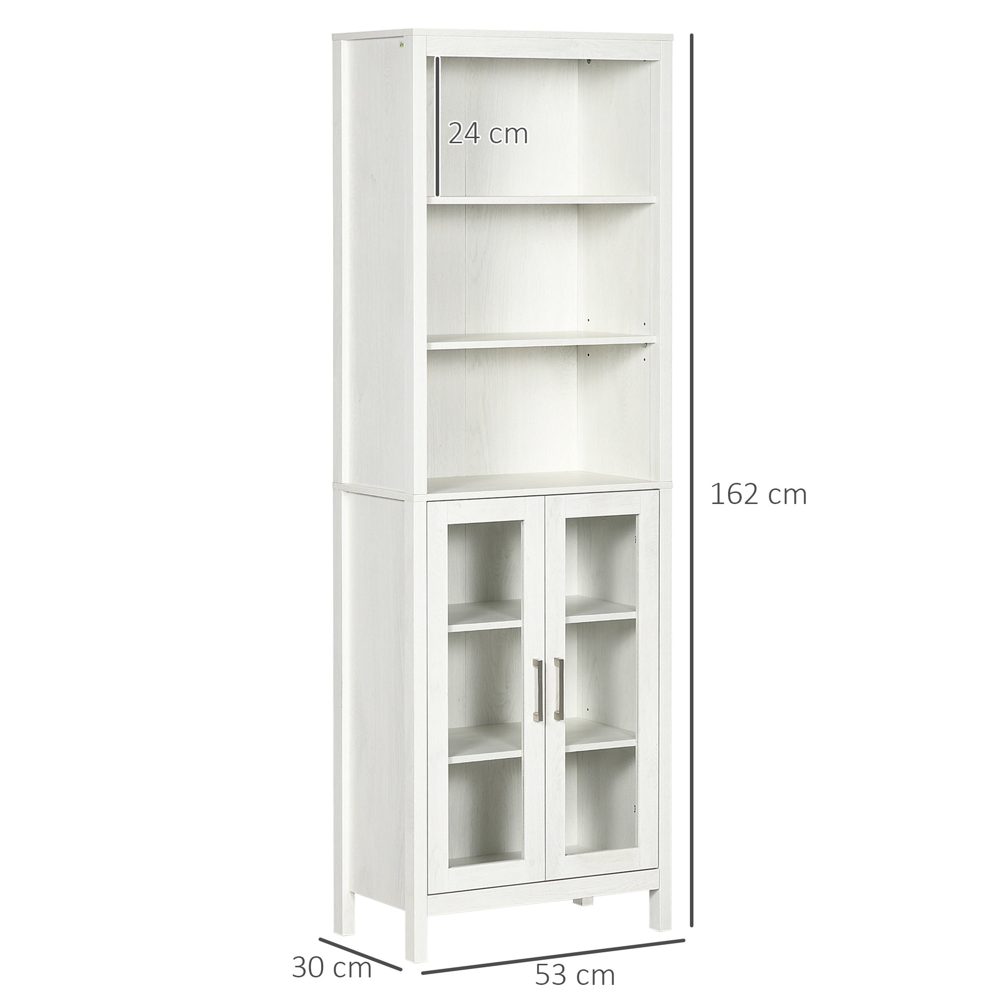 Tall Bathroom Cabinet with 2 Glass Doors and 3 Open Shelves Bathroom Storage Column for Living Room Bathroom Bedroom Modern Style 53x30x162 cm White