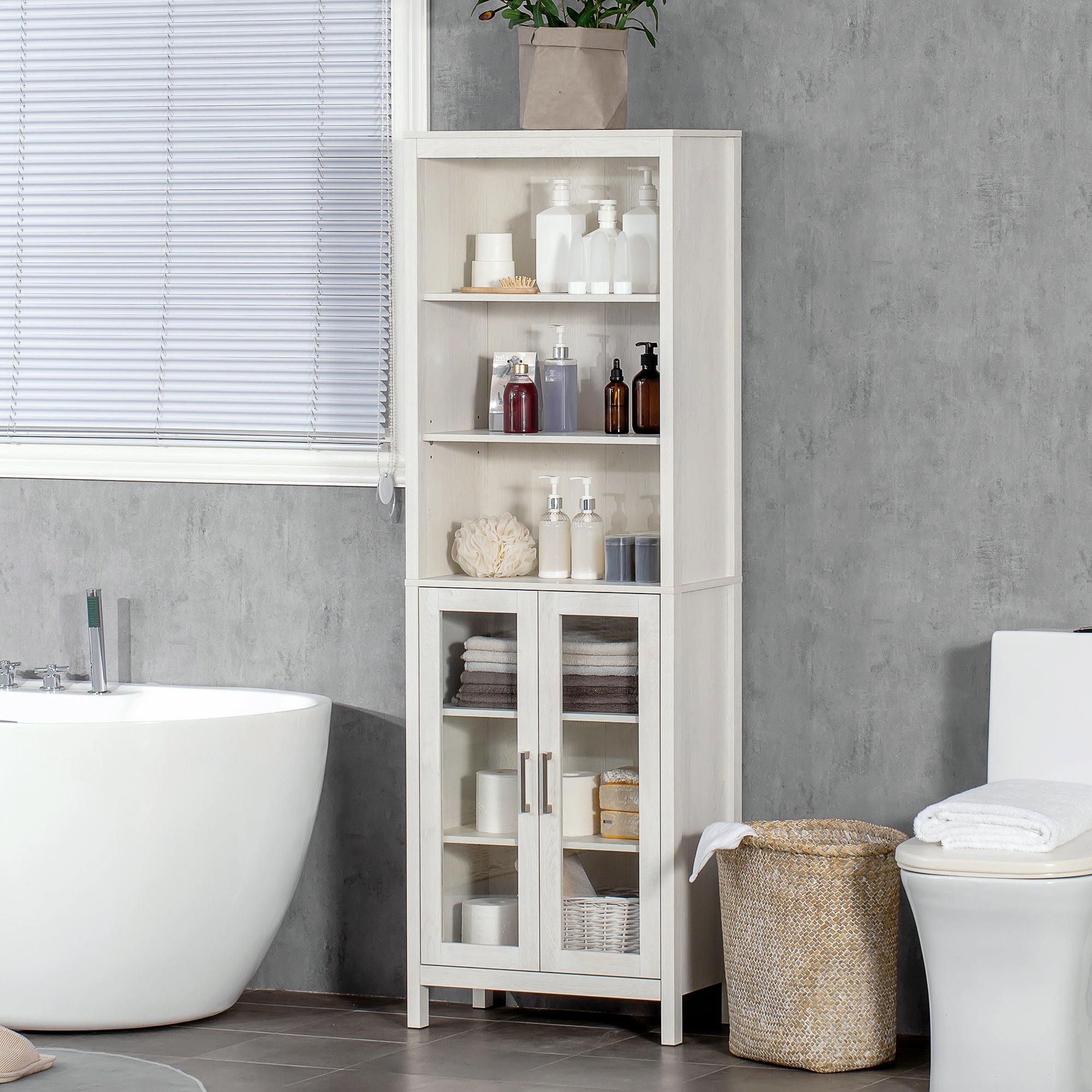 Tall Bathroom Cabinet with 2 Glass Doors and 3 Open Shelves Bathroom Storage Column for Living Room Bathroom Bedroom Modern Style 53x30x162 cm White