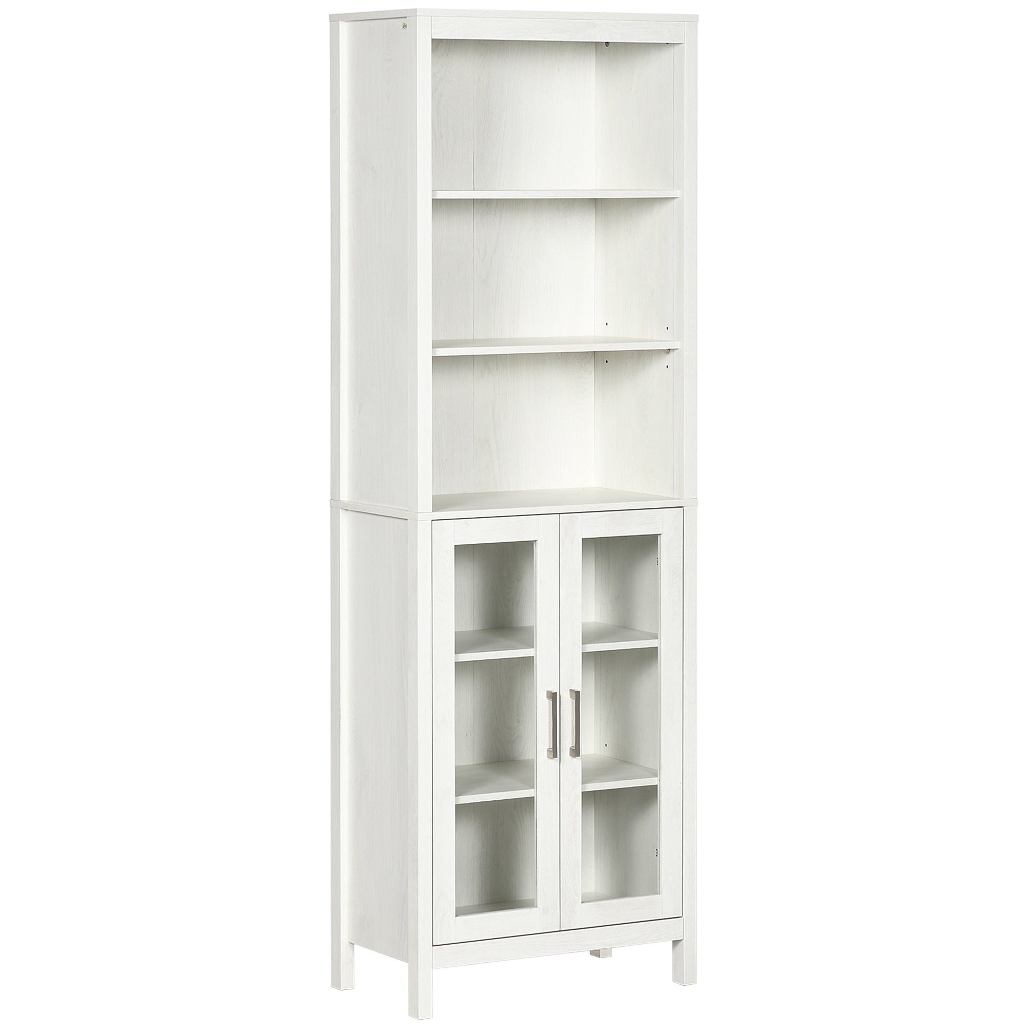 Tall Bathroom Cabinet with 2 Glass Doors and 3 Open Shelves Bathroom Storage Column for Living Room Bathroom Bedroom Modern Style 53x30x162 cm White