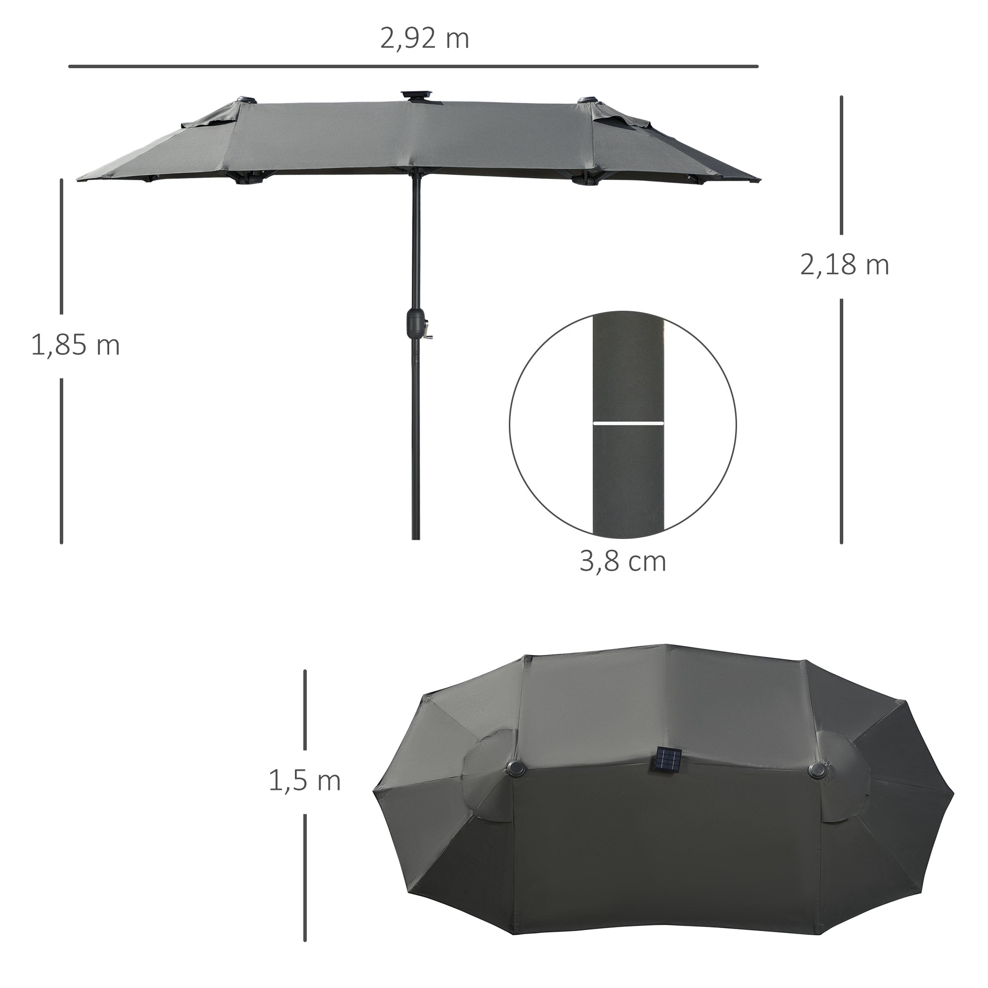 Double Parasol, 295 x 219cm, Parasol with LED, oval, windproof garden umbrella, stable, market umbrella with adjustable tilt angle for terrace, pool, polyester, steel, Dark Gray