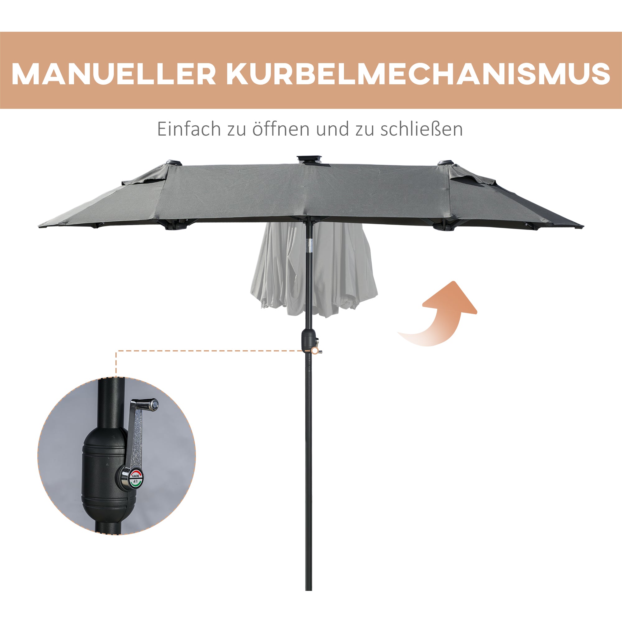 Double Parasol, 295 x 219cm, Parasol with LED, oval, windproof garden umbrella, stable, market umbrella with adjustable tilt angle for terrace, pool, polyester, steel, Dark Gray