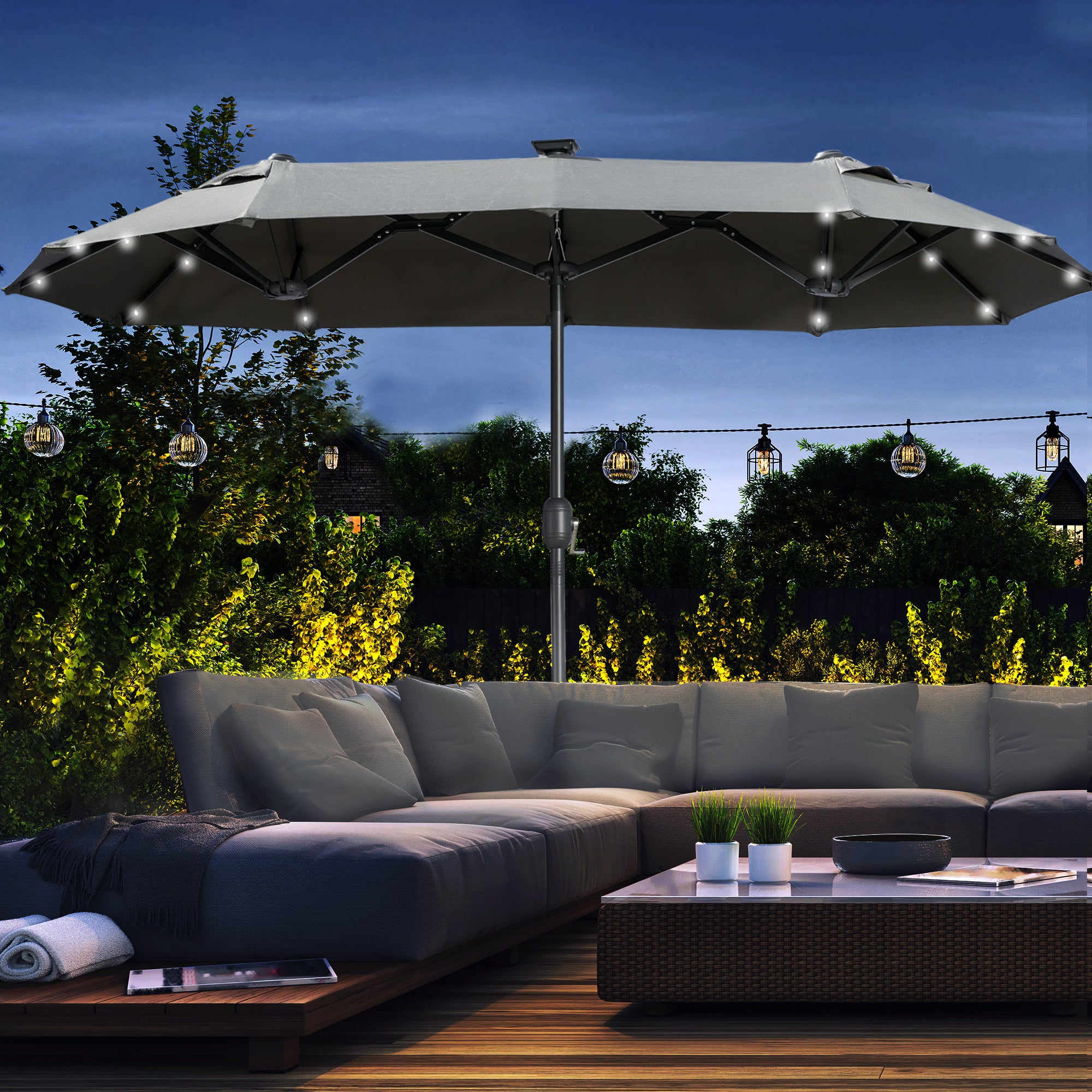 Double Parasol, 295 x 219cm, Parasol with LED, oval, windproof garden umbrella, stable, market umbrella with adjustable tilt angle for terrace, pool, polyester, steel, Dark Gray