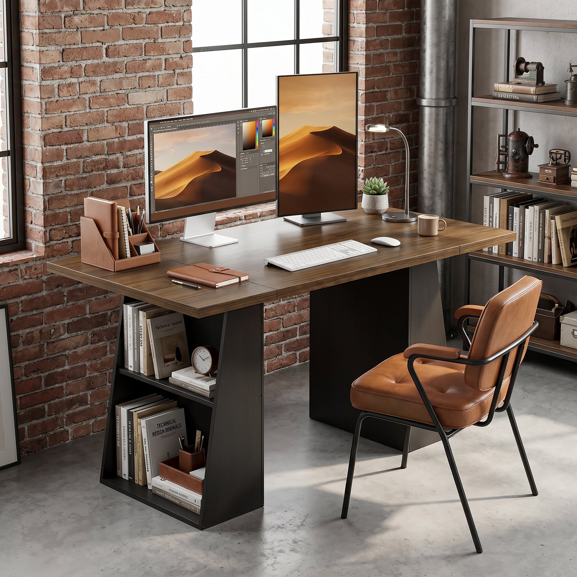 55.1 in (140 cm) Computer Desk with 4 Open Shelves & Trapezoid Metal Frame — Brown Woodgrain / Black
