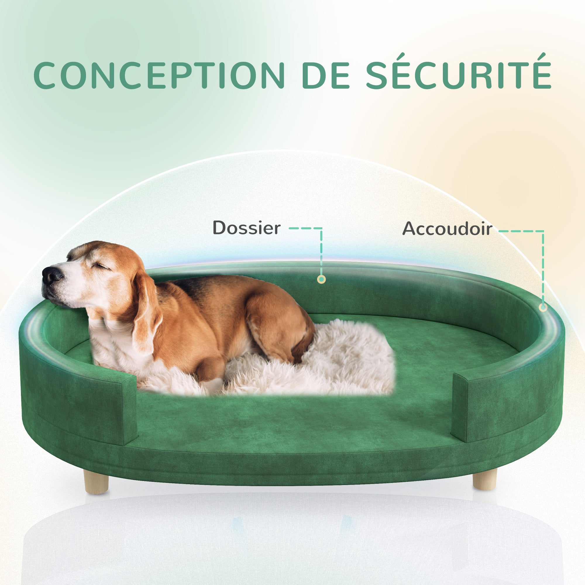 Dog Sofa, Cat Couch, Cat Armchair, Soft Velvet Surface, with Removable Cushion, Solid Wood Legs, 100L x 70W x 25H cm, Green