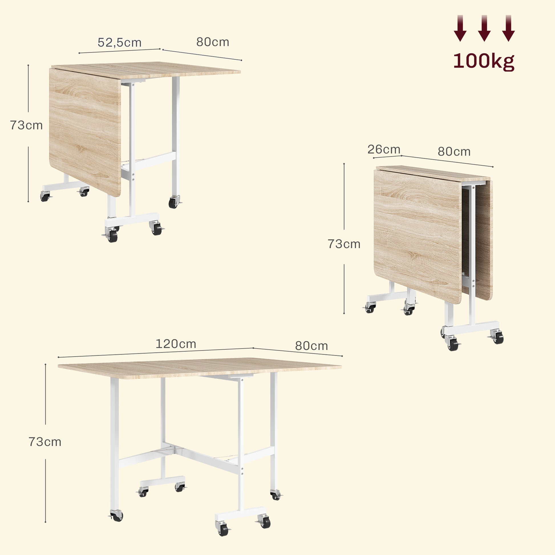Folding Dining Table for 4-6 People Folding Kitchen Table with Wheels and Drop Leaves Foldable Table for Kitchen Living Room 120x80x73 cm Oak