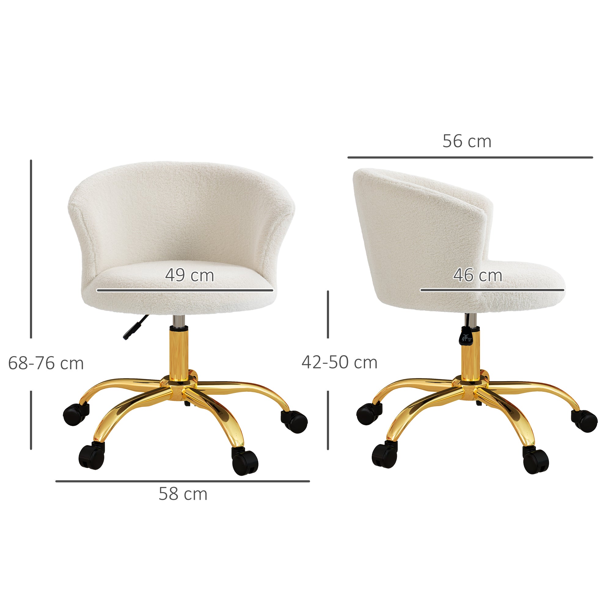 Teddy Fleece Ergonomic Office Chair, Vanity Chair, Swivel Chair with Adjustable Height, Padded Seat, and Golden Steel Base, for Office, Living Room, Bedroom, White